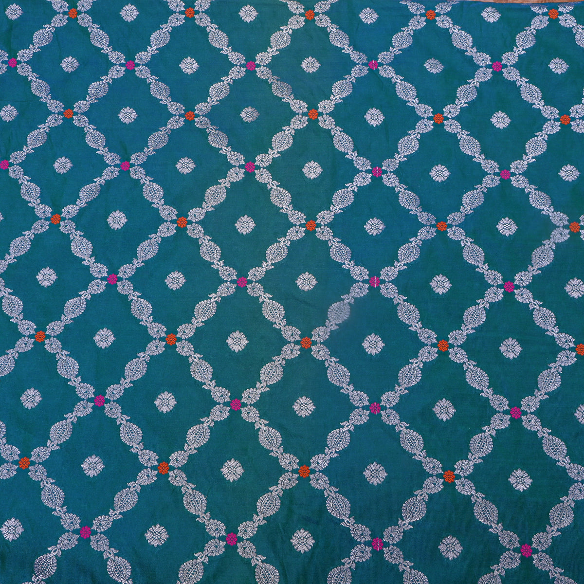 Teal Blue Silver Zari Checked Jamawar Silk Fabric