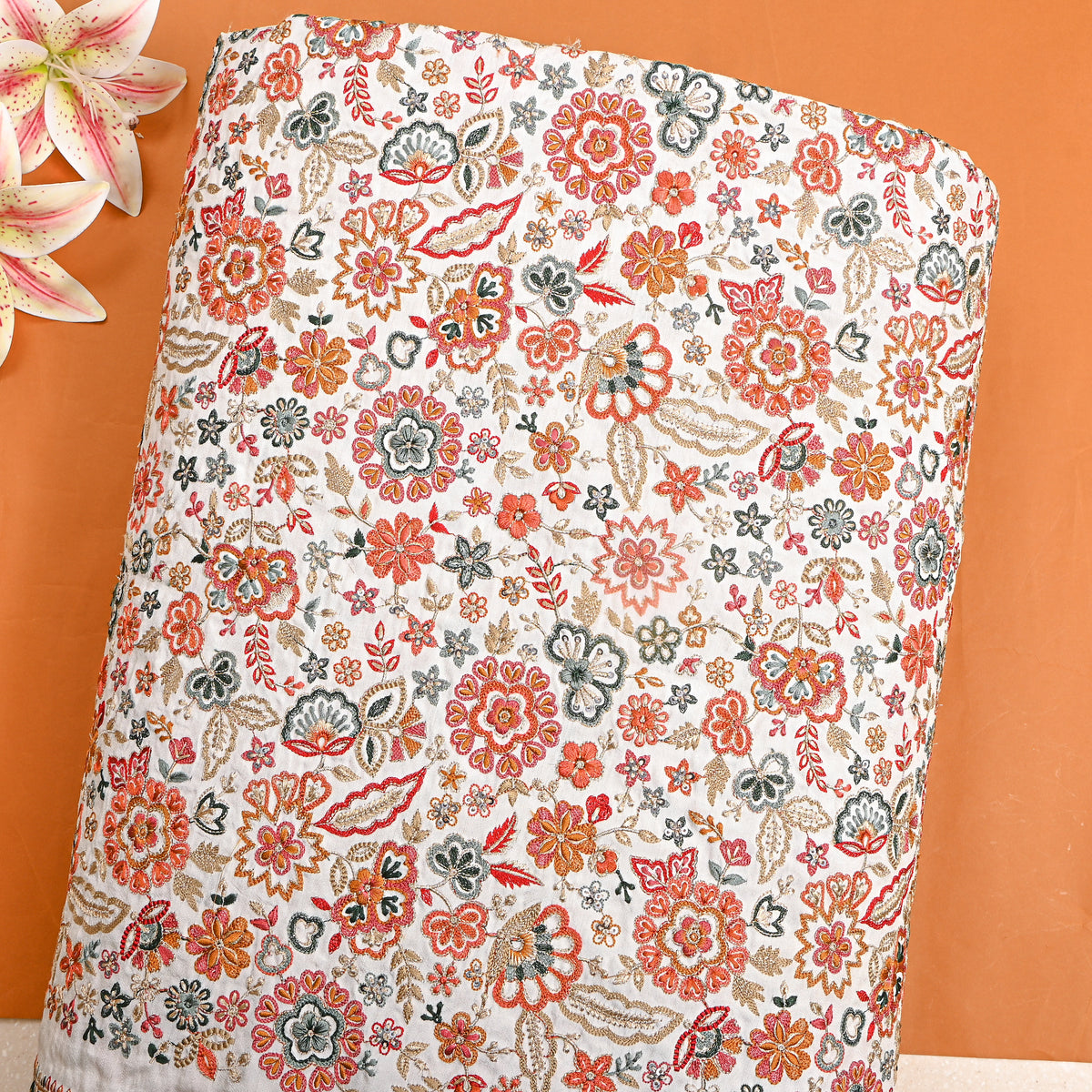 Cotton White Multicolour Floral Jaal Embroidery Silk Fabric