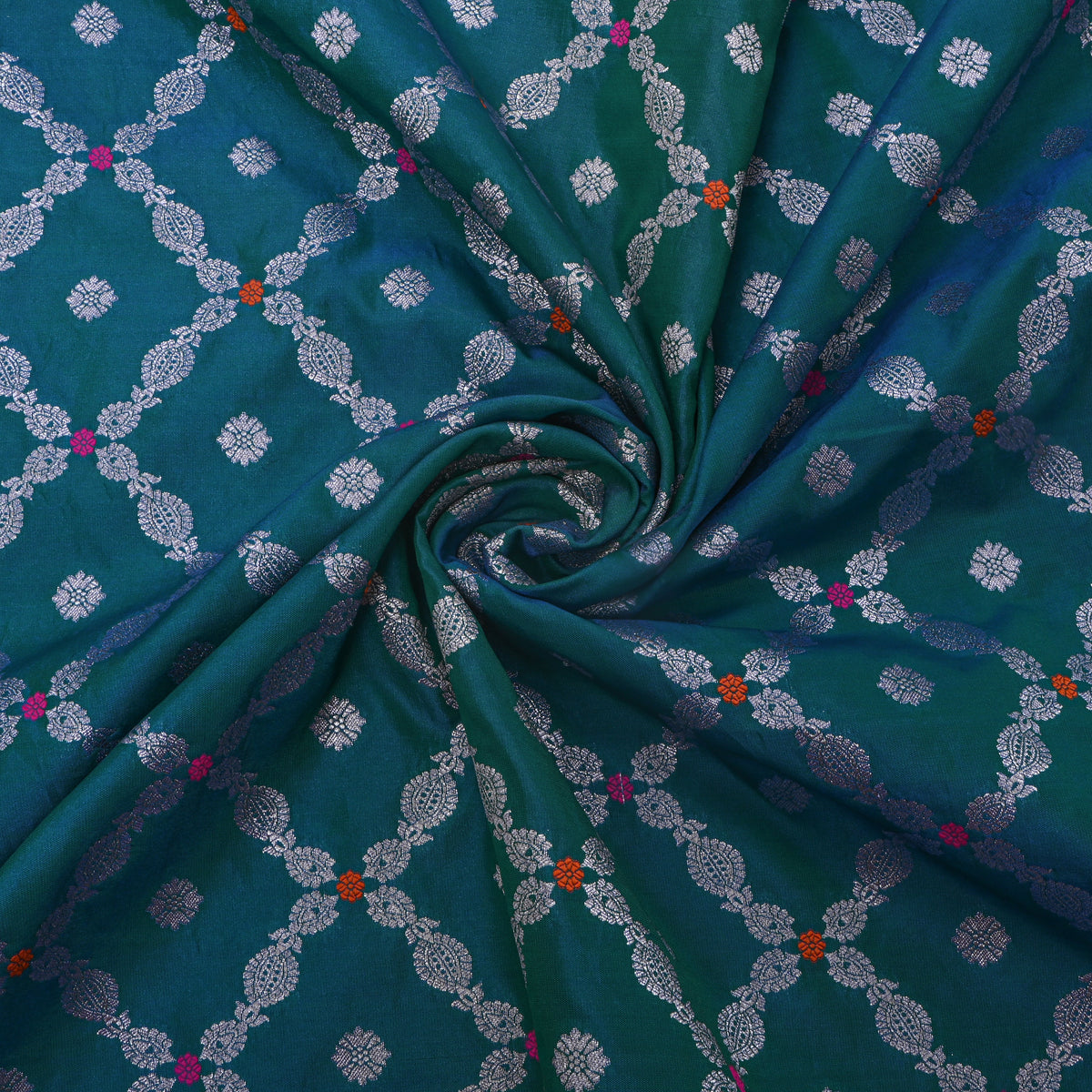 Teal Blue Silver Zari Checked Jamawar Silk Fabric