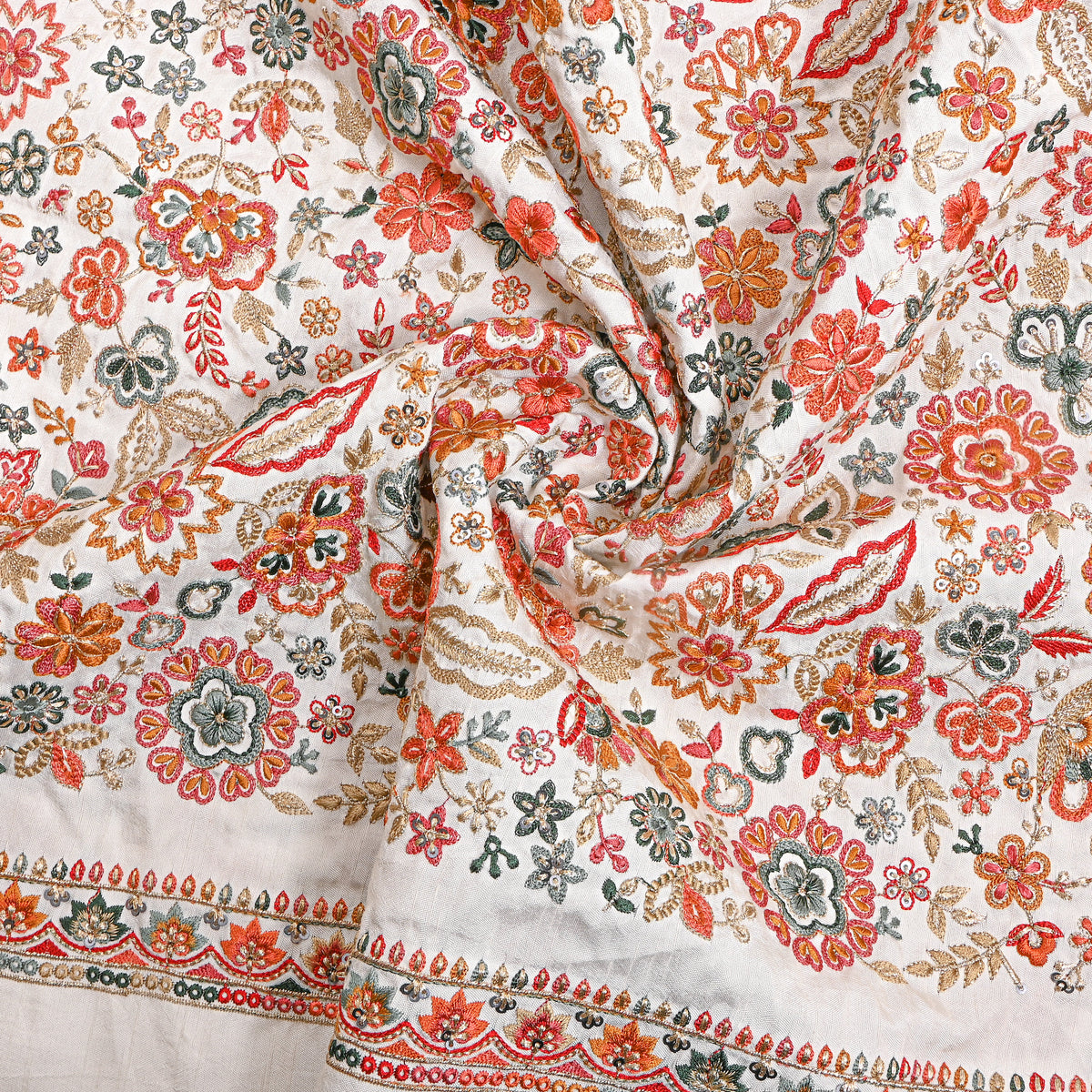 Cotton White Multicolour Floral Jaal Embroidery Silk Fabric