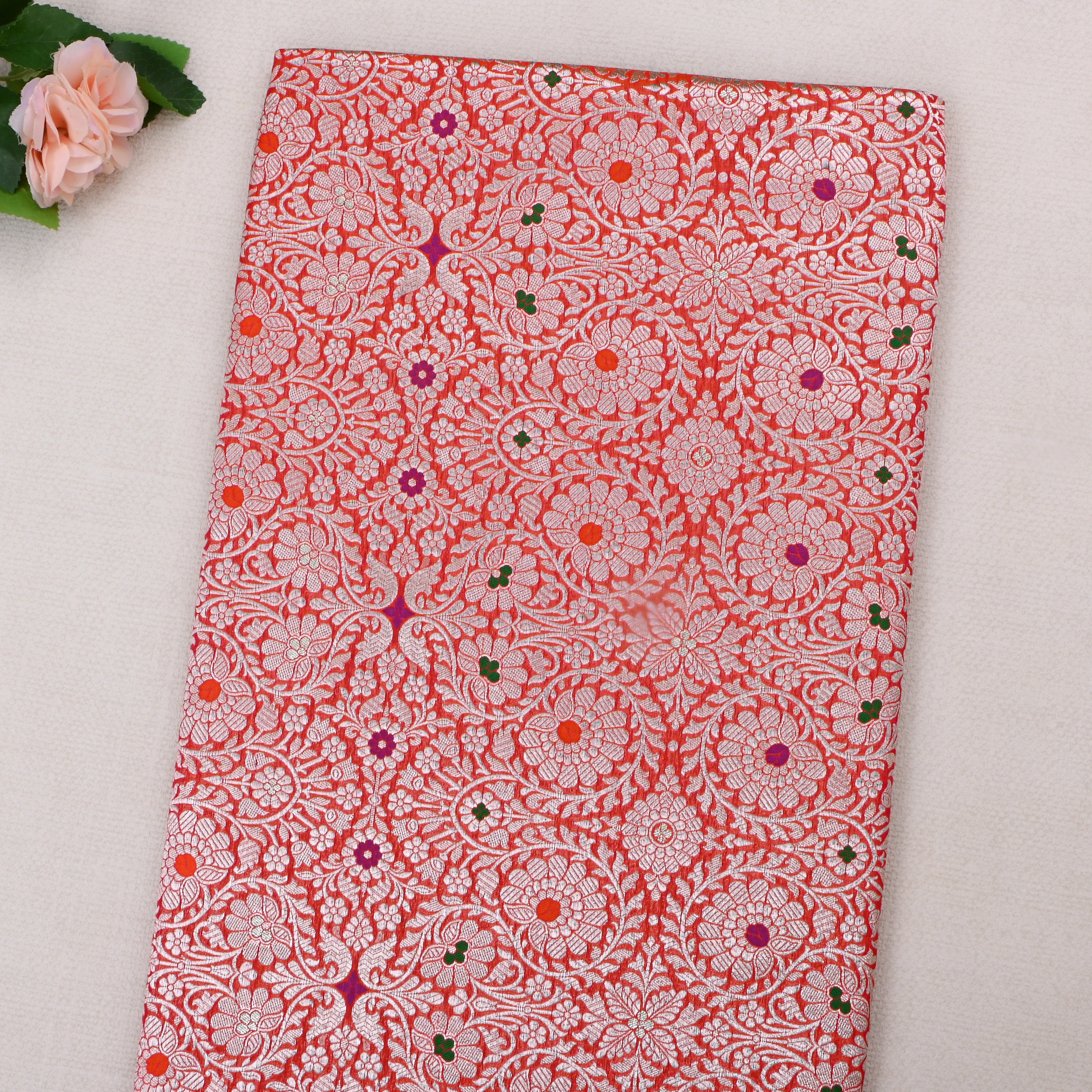 Orange Jamawar Silk Fabric With Meenakari Design