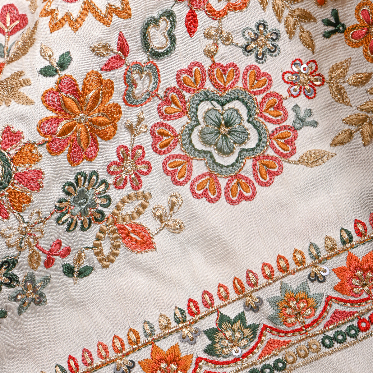 Cotton White Multicolour Floral Jaal Embroidery Silk Fabric