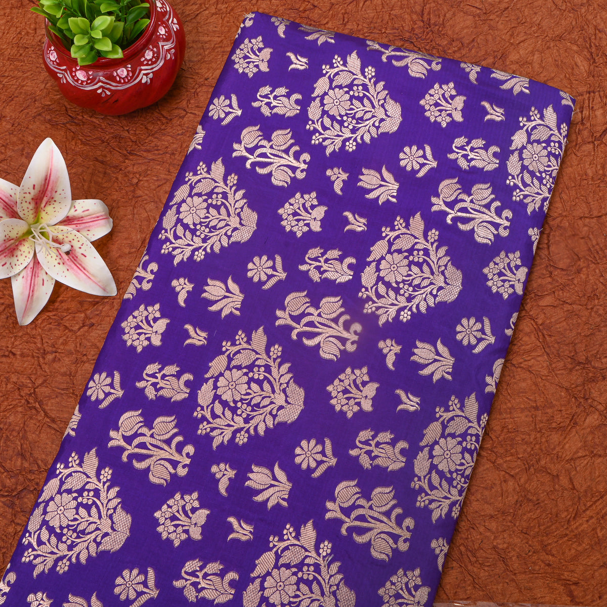 Violet Gold Floral Bouquet Jamawar Silk Fabric