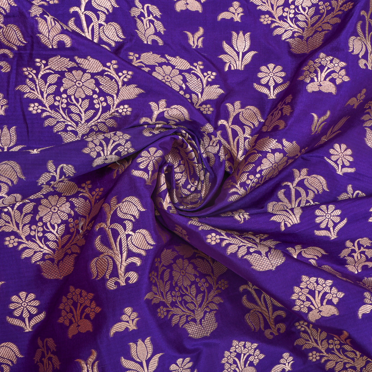 Violet Gold Floral Bouquet Jamawar Silk Fabric