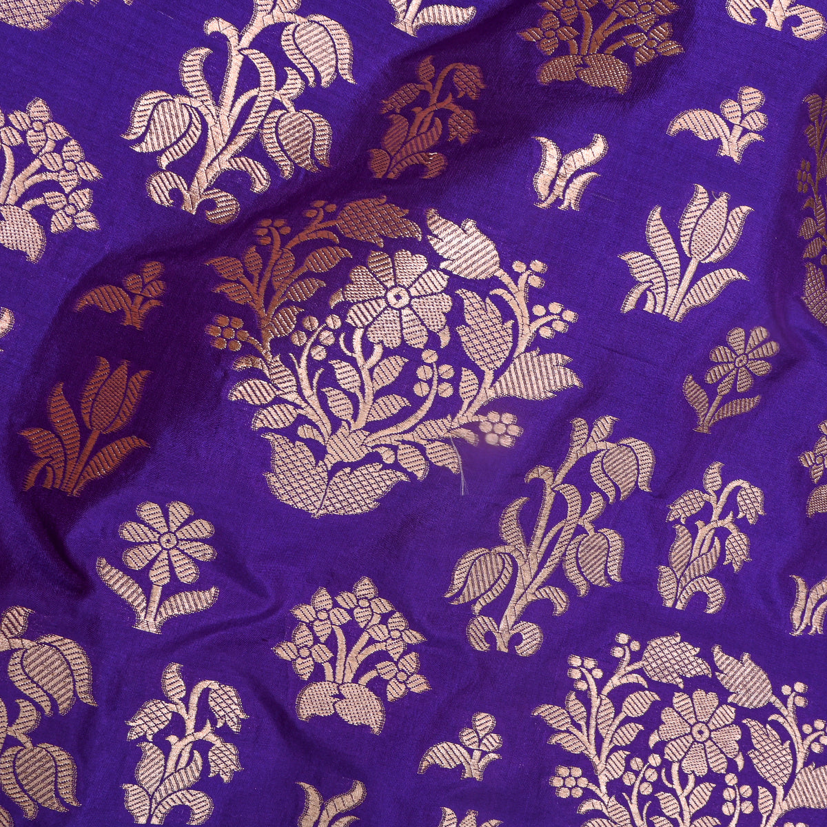 Violet Gold Floral Bouquet Jamawar Silk Fabric