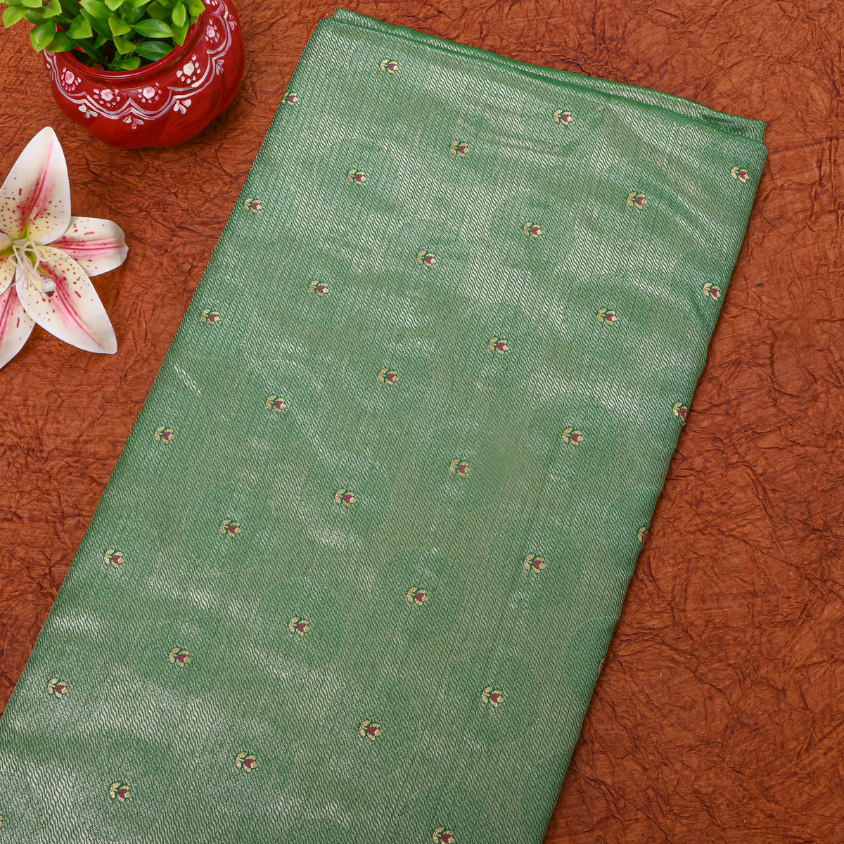 Ivy Green Gold Zari Floral Butti Self Weave Banarasi Silk Fabric