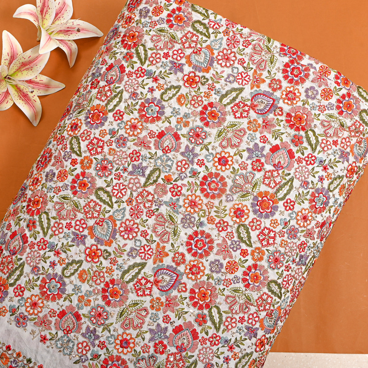 Milk White Multicolour Floral Embroidery Silk Fabric