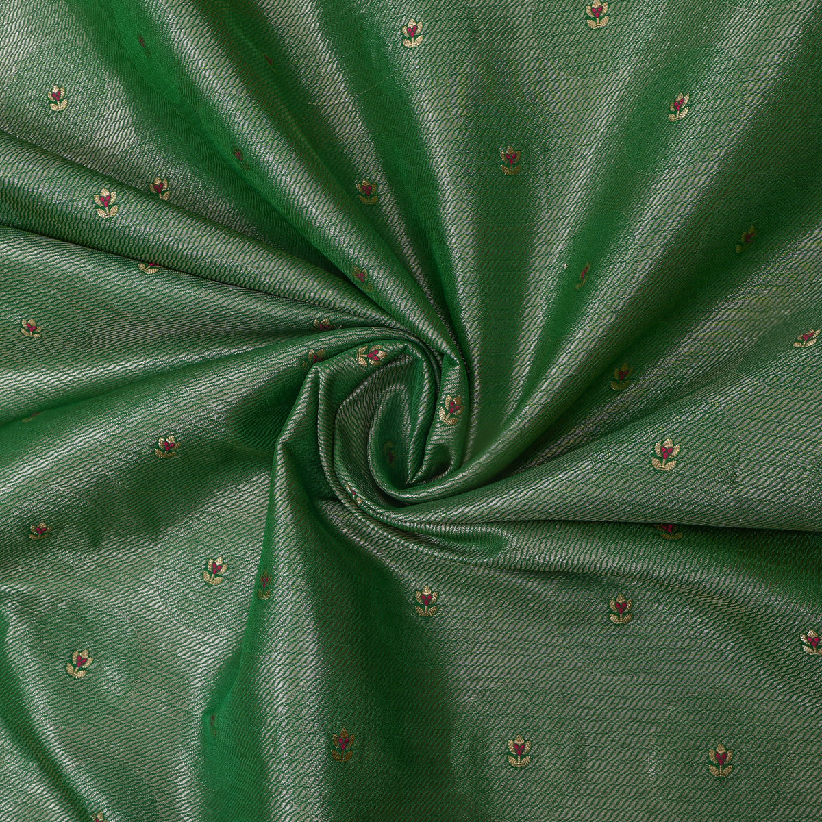 Ivy Green Gold Zari Floral Butti Self Weave Banarasi Silk Fabric