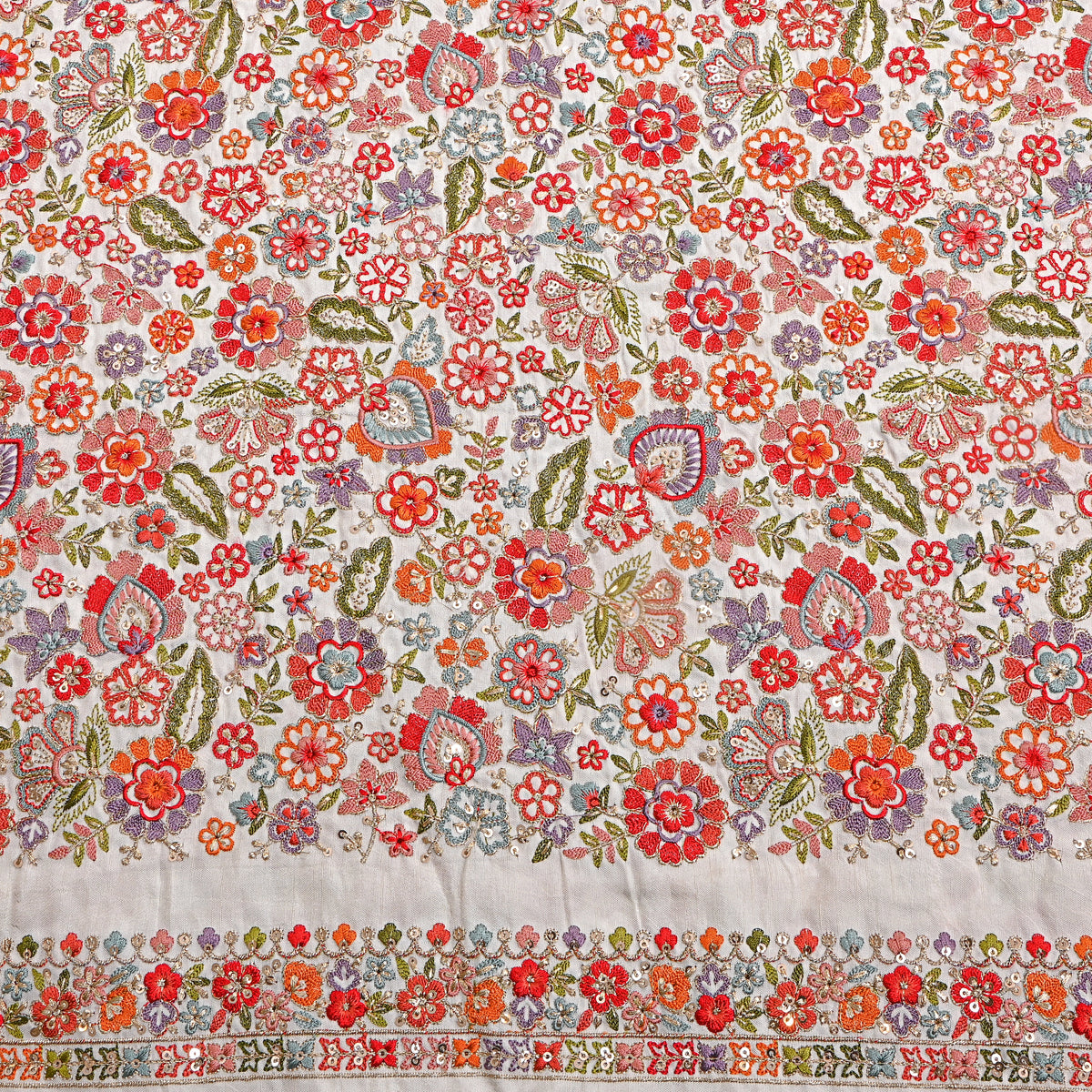 Milk White Multicolour Floral Embroidery Silk Fabric