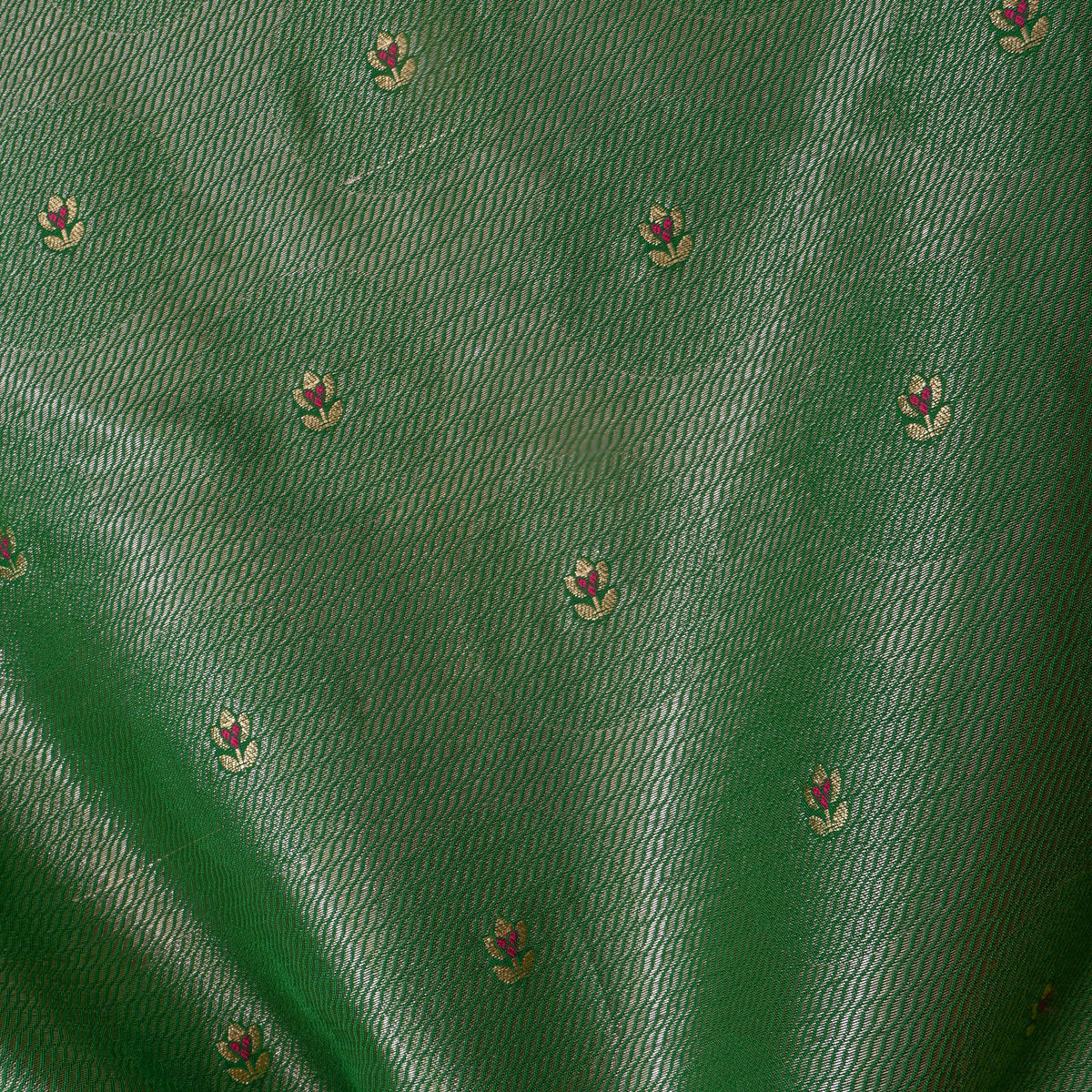 Ivy Green Gold Zari Floral Butti Self Weave Banarasi Silk Fabric