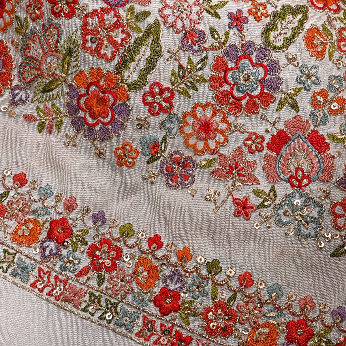 Milk White Multicolour Floral Embroidery Silk Fabric