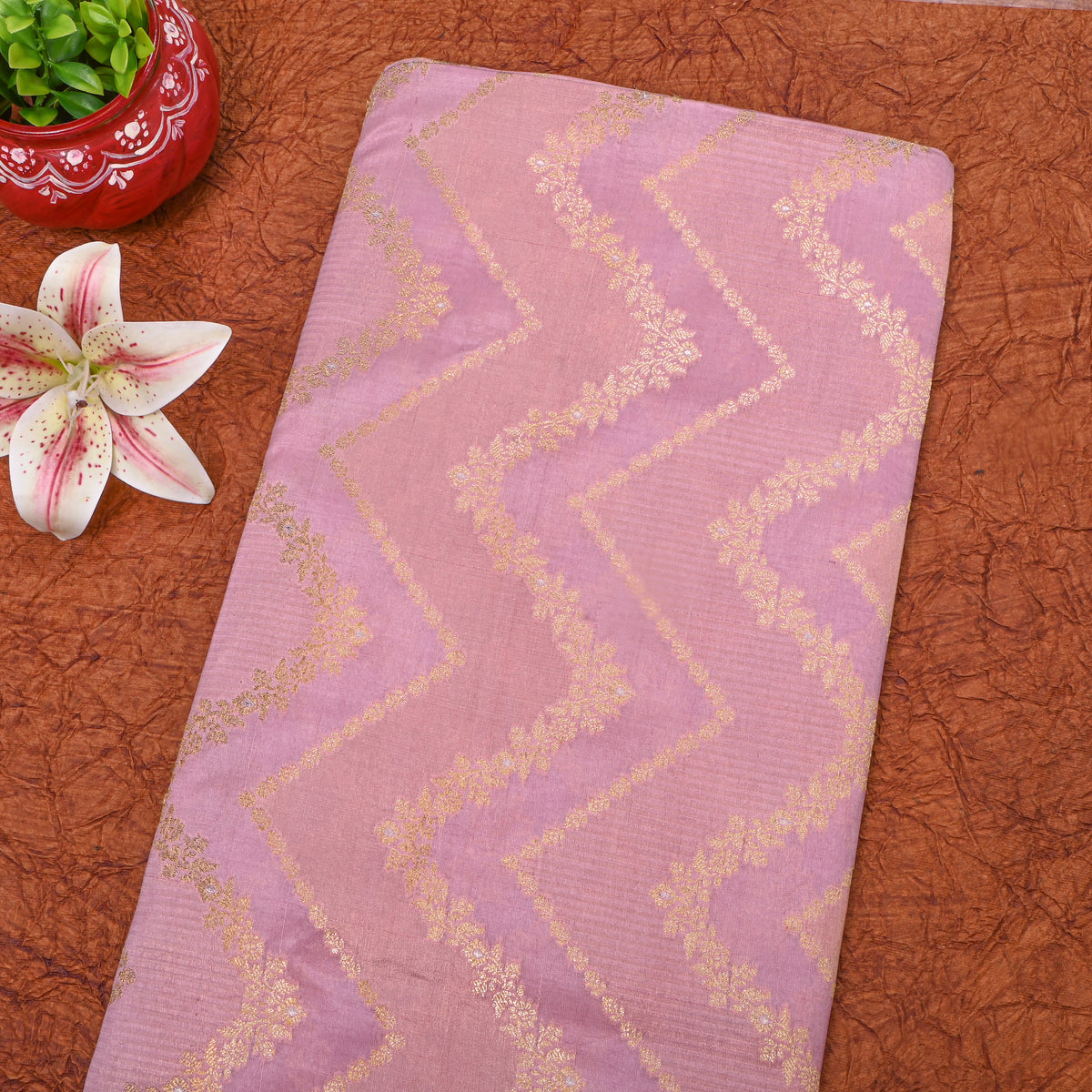 Orchid Purple Gold Zari Zigzag Banarasi Silk Fabric