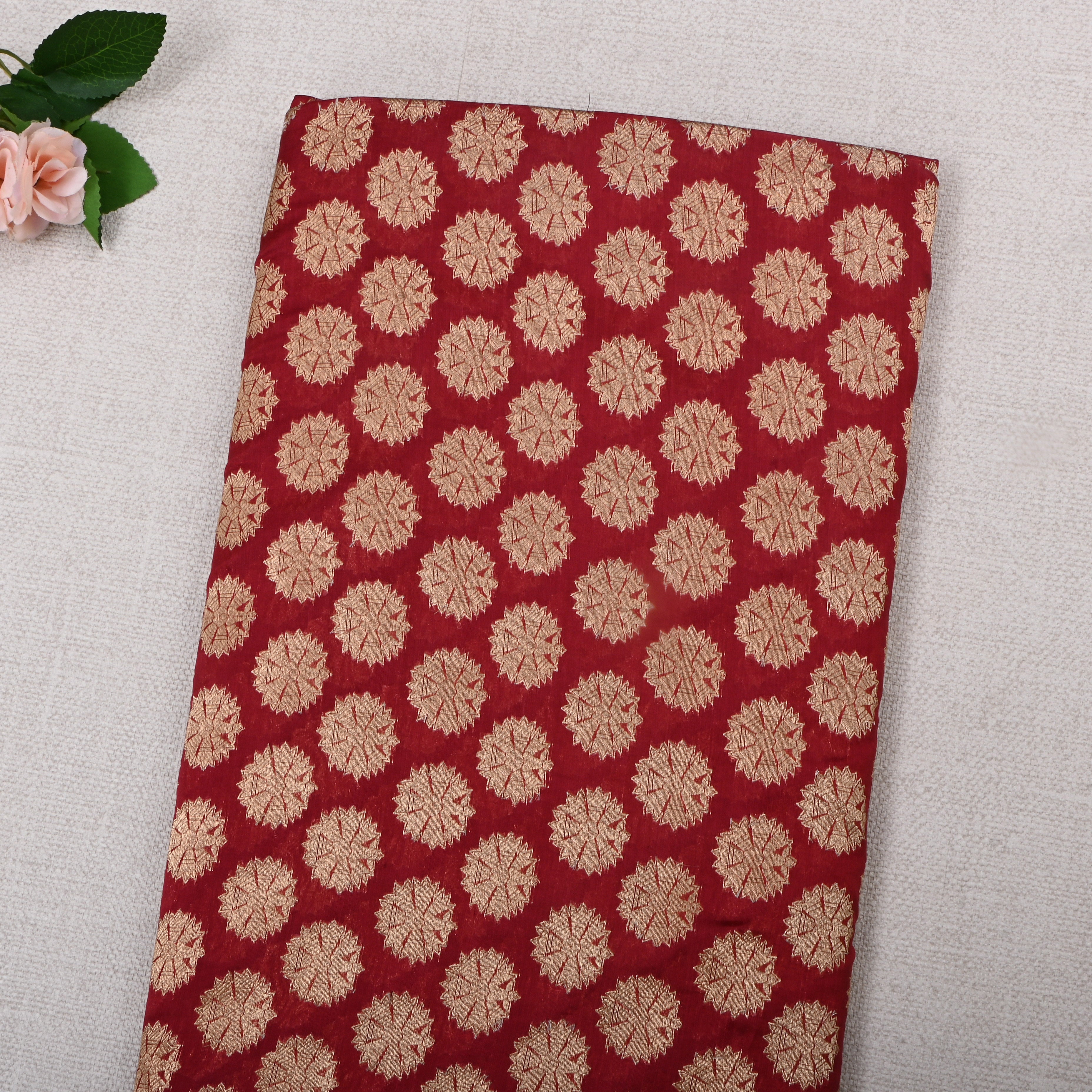 Ruby Red Jamawar Silk Fabric With Motifs