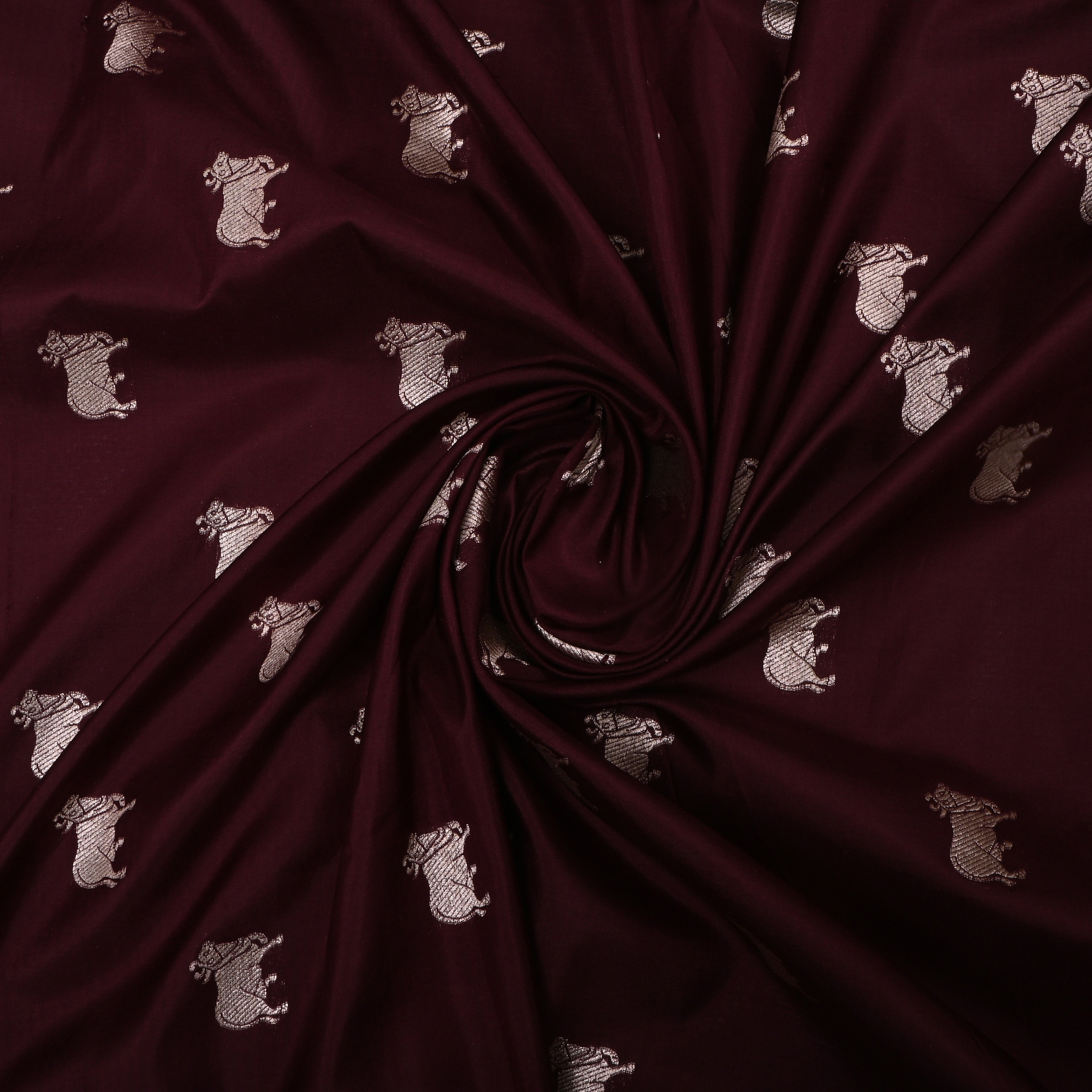 Dark Sienna Red Jamawar Satin Fabric With Pichwai Motifs