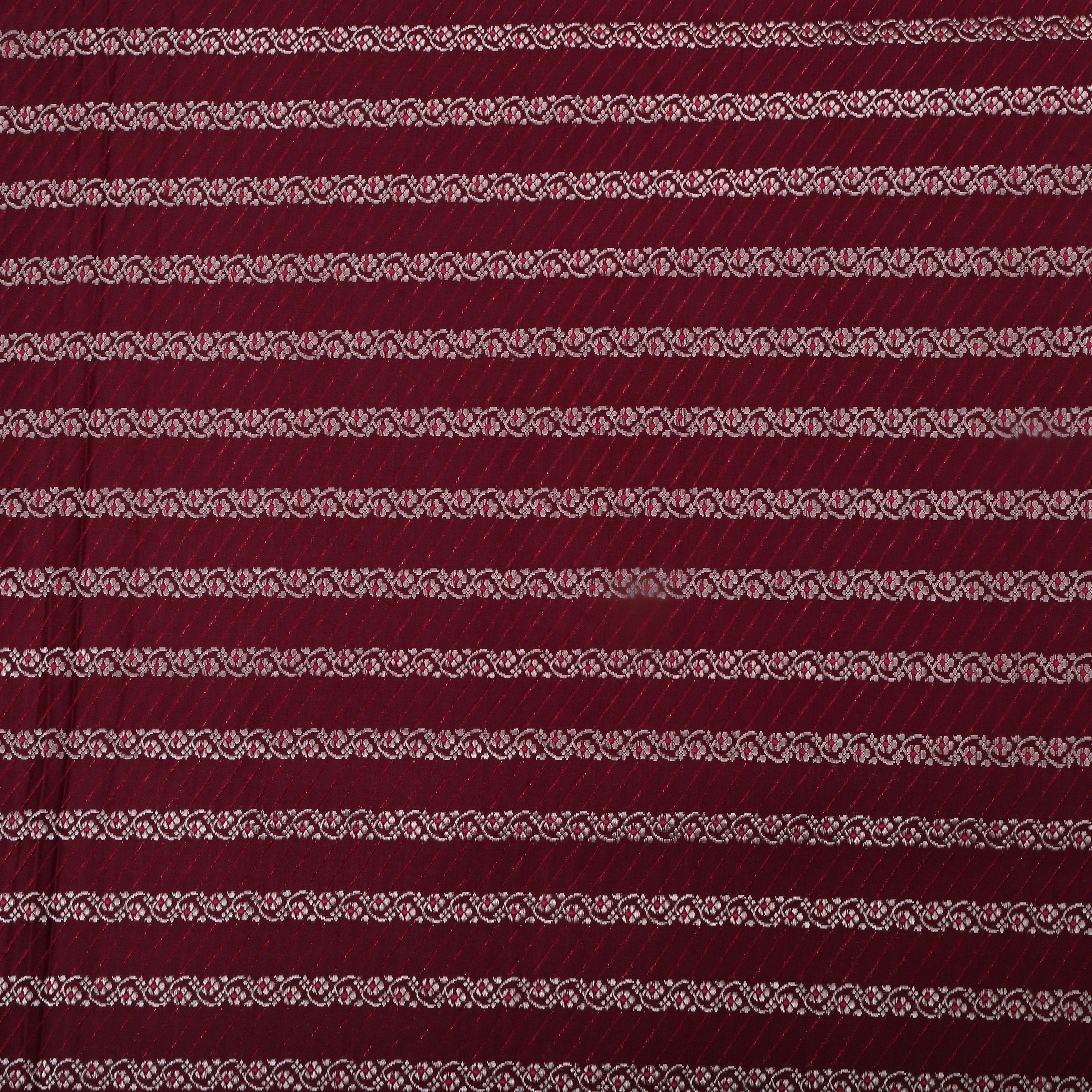 Dark Maroon Jamawar Satin Fabric With Floral Stripes