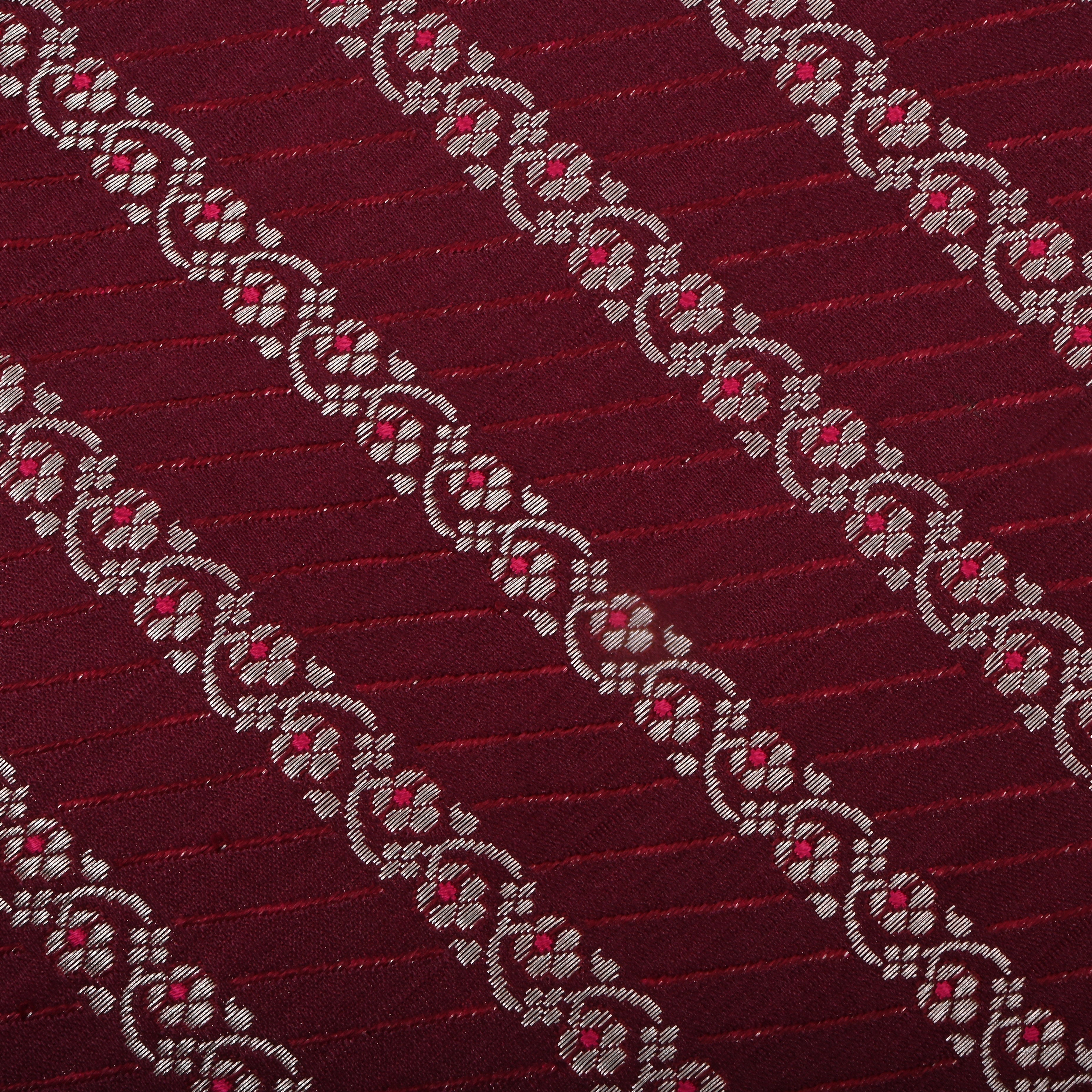 Dark Maroon Jamawar Satin Fabric With Floral Stripes