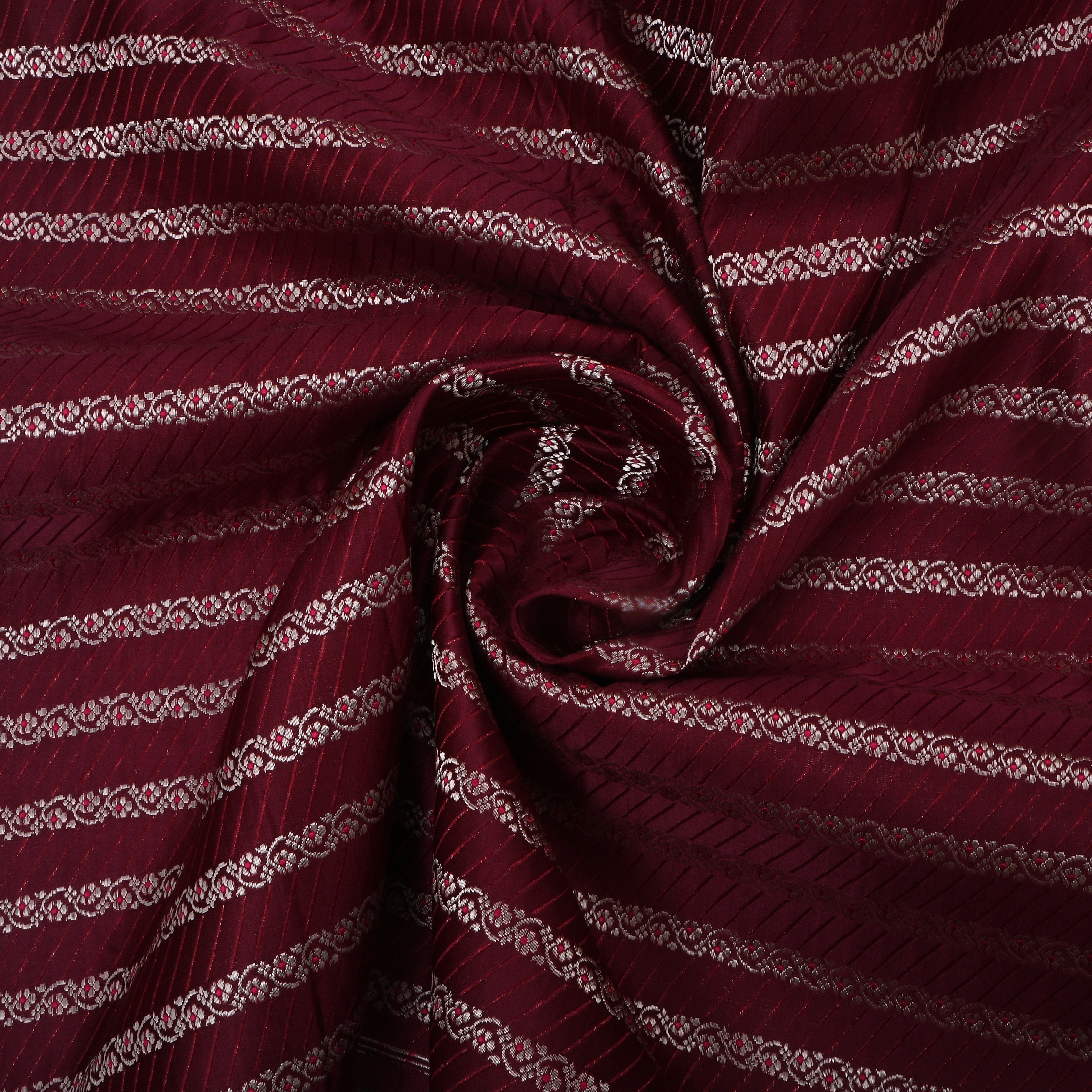 Dark Maroon Jamawar Satin Fabric With Floral Stripes