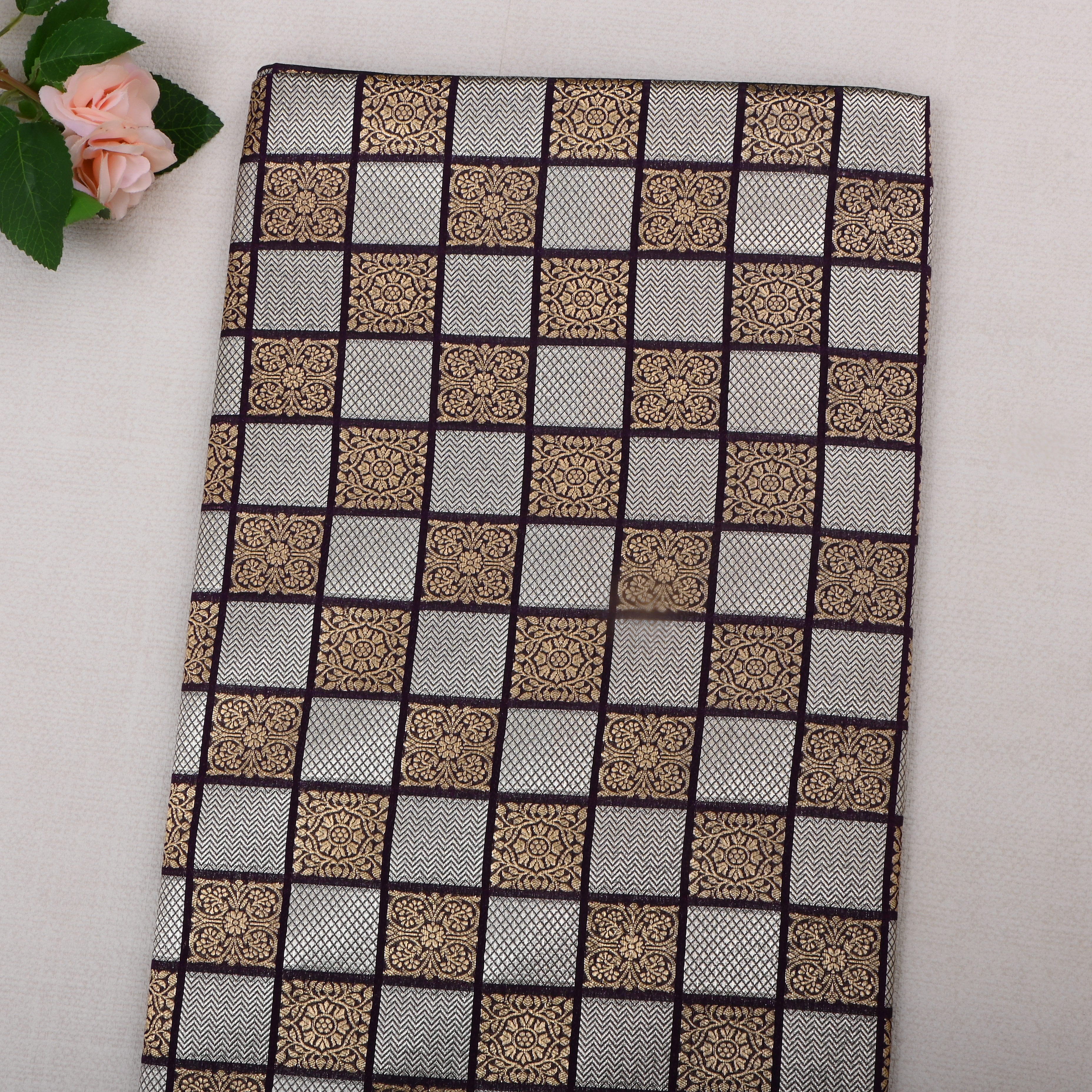 Black Jamawar Silk Fabric With Checked Pattern