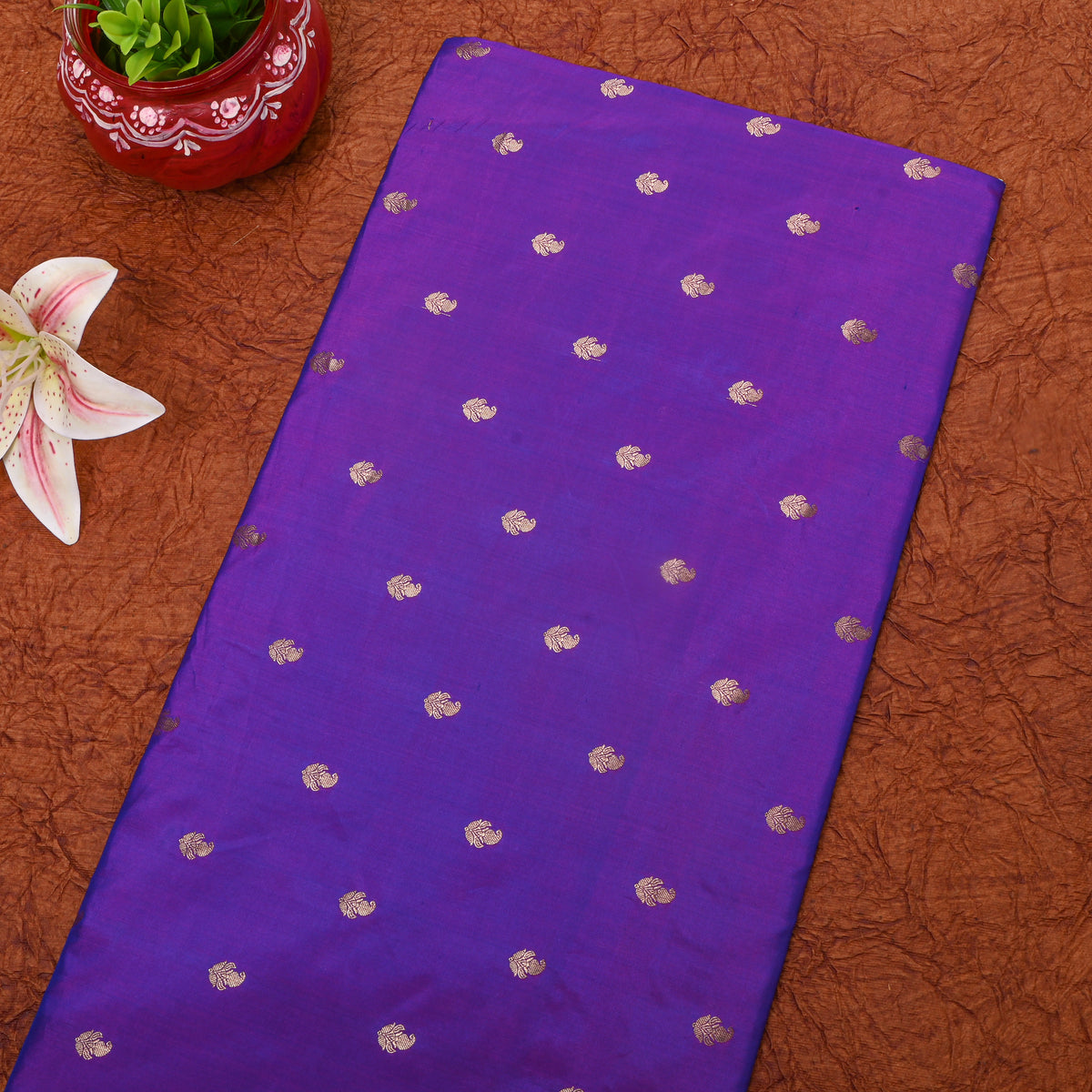 Bright Violet Gold Zari Paisley Butti Jamawar Silk Fabric