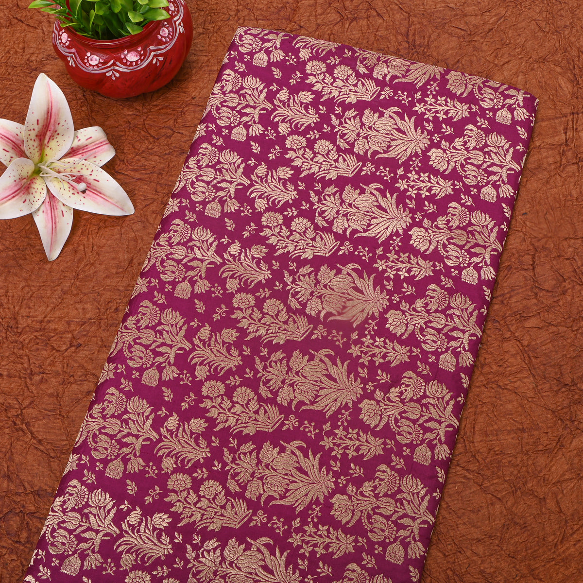 Amethyst Purple Gold Zari Floral Motif Jamawar Silk Fabric