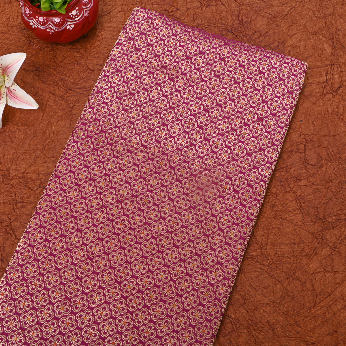 Bright Magenta Gold Zari Butti Self Weave Jamawar Silk Fabric