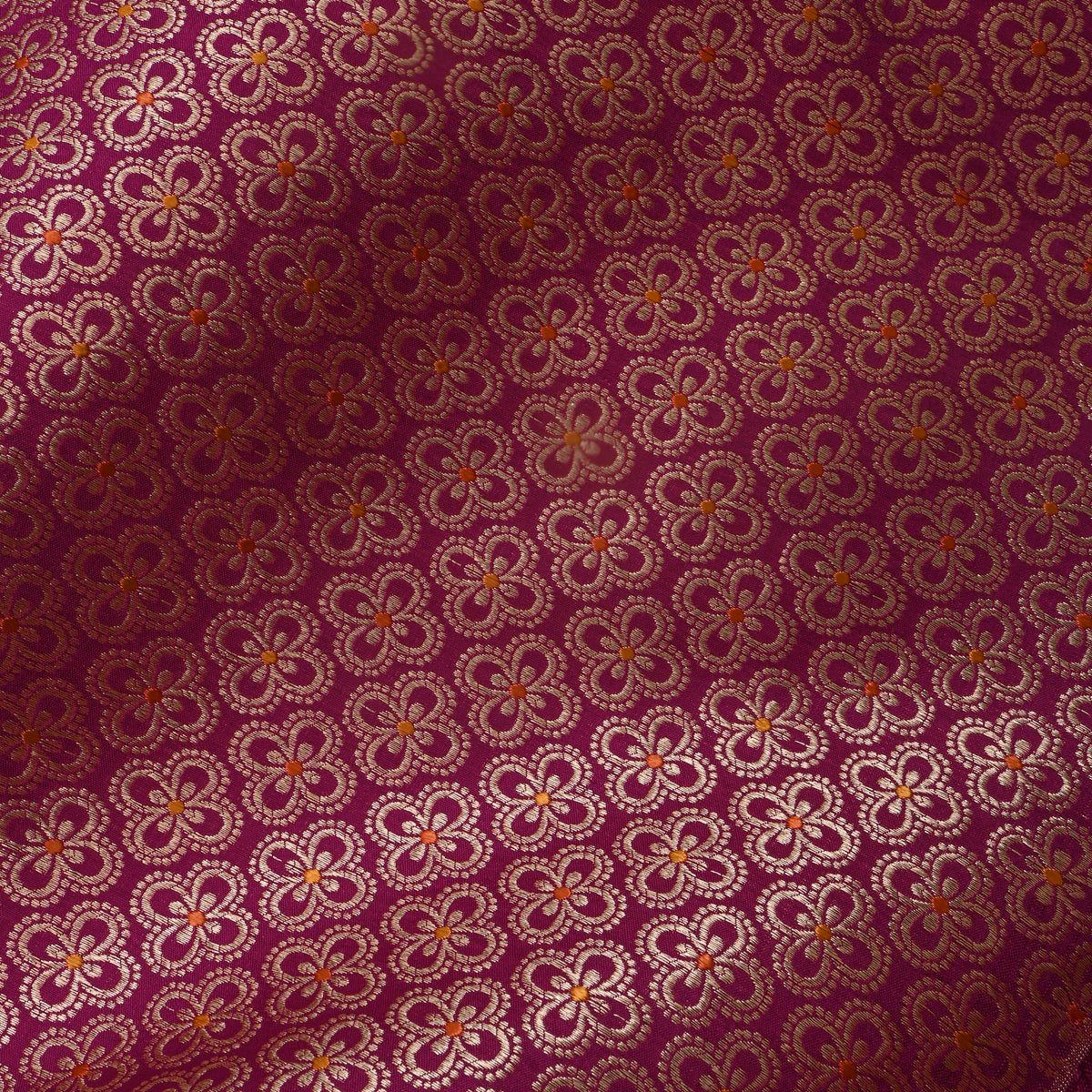 Bright Magenta Gold Zari Butti Self Weave Jamawar Silk Fabric