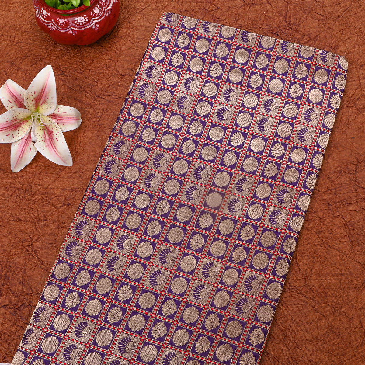 Blue Checked Self Woven Jamawar Silk Fabric