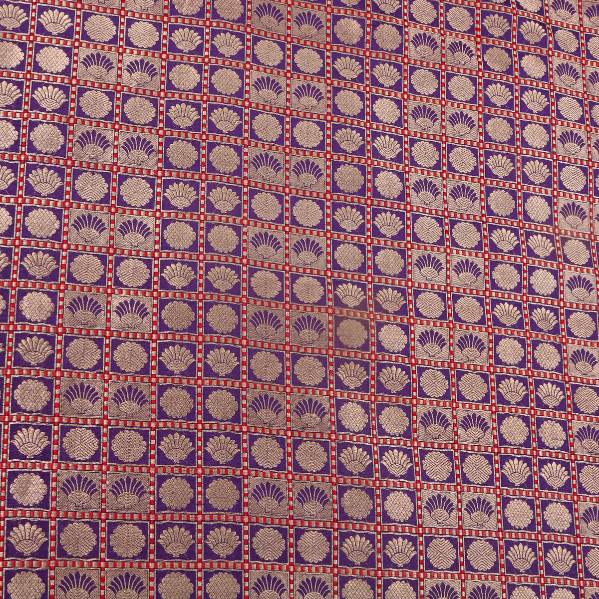 Blue Checked Self Woven Jamawar Silk Fabric