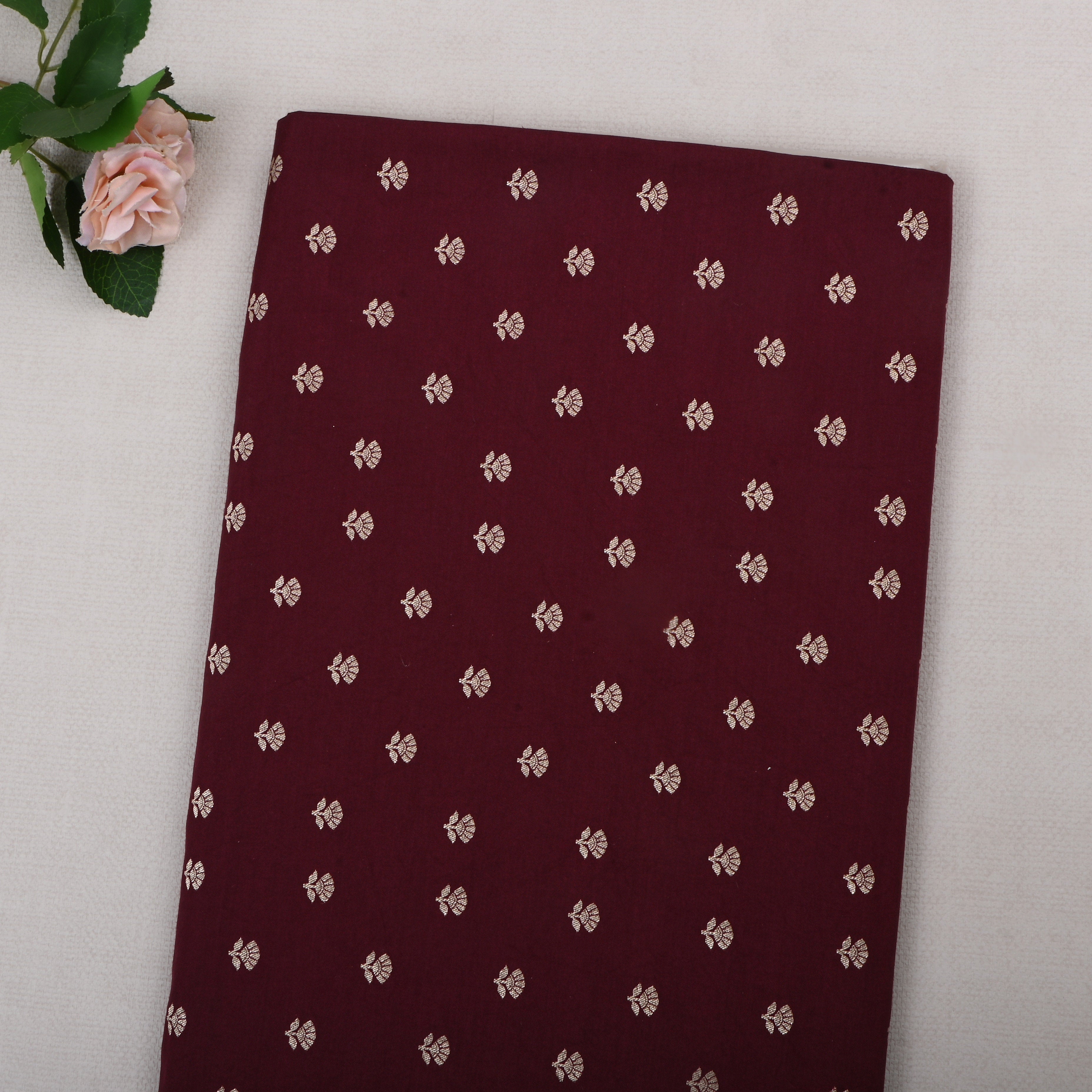 Cab Sev Red Jamawar Silk Fabric With Floral Butti'S