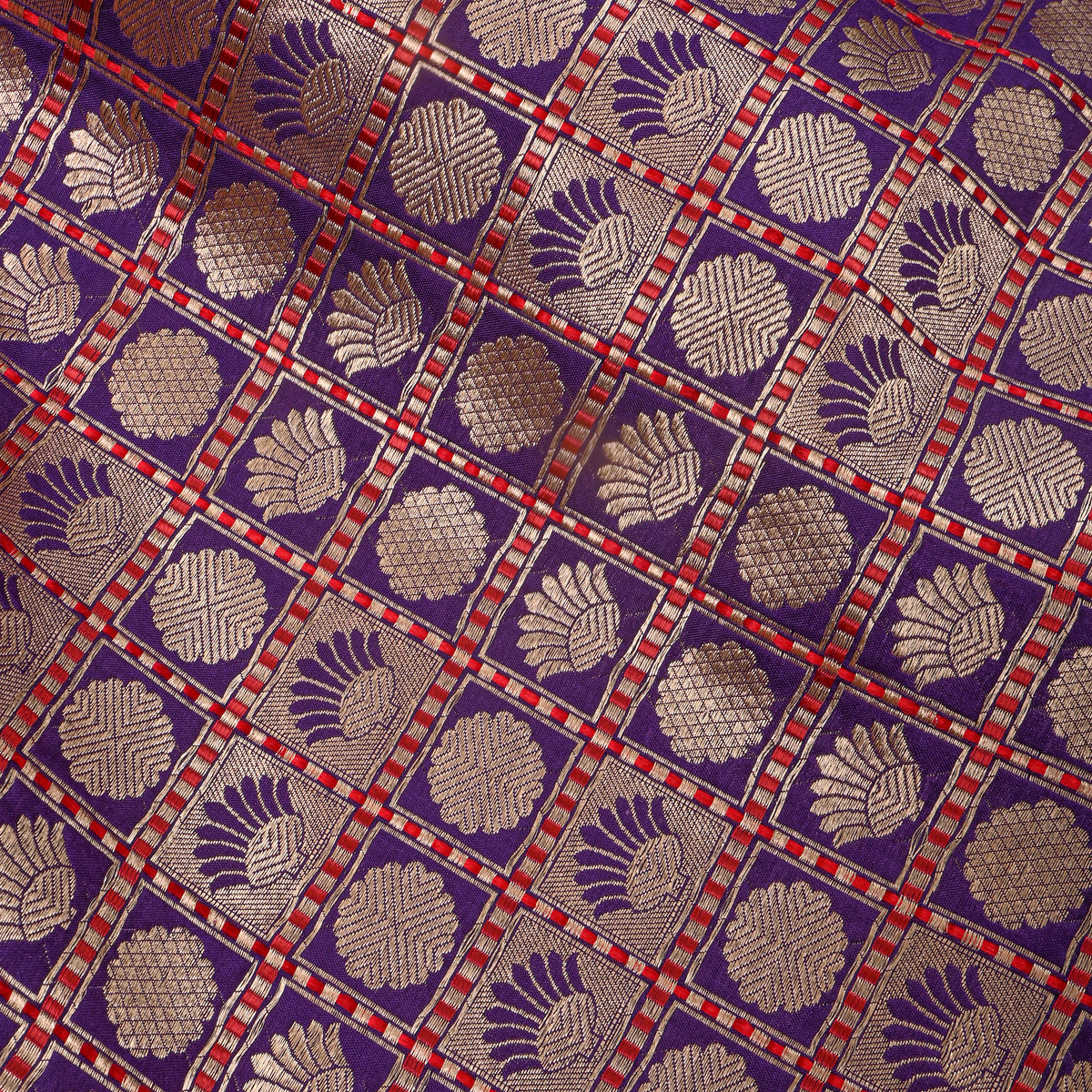 Blue Checked Self Woven Jamawar Silk Fabric