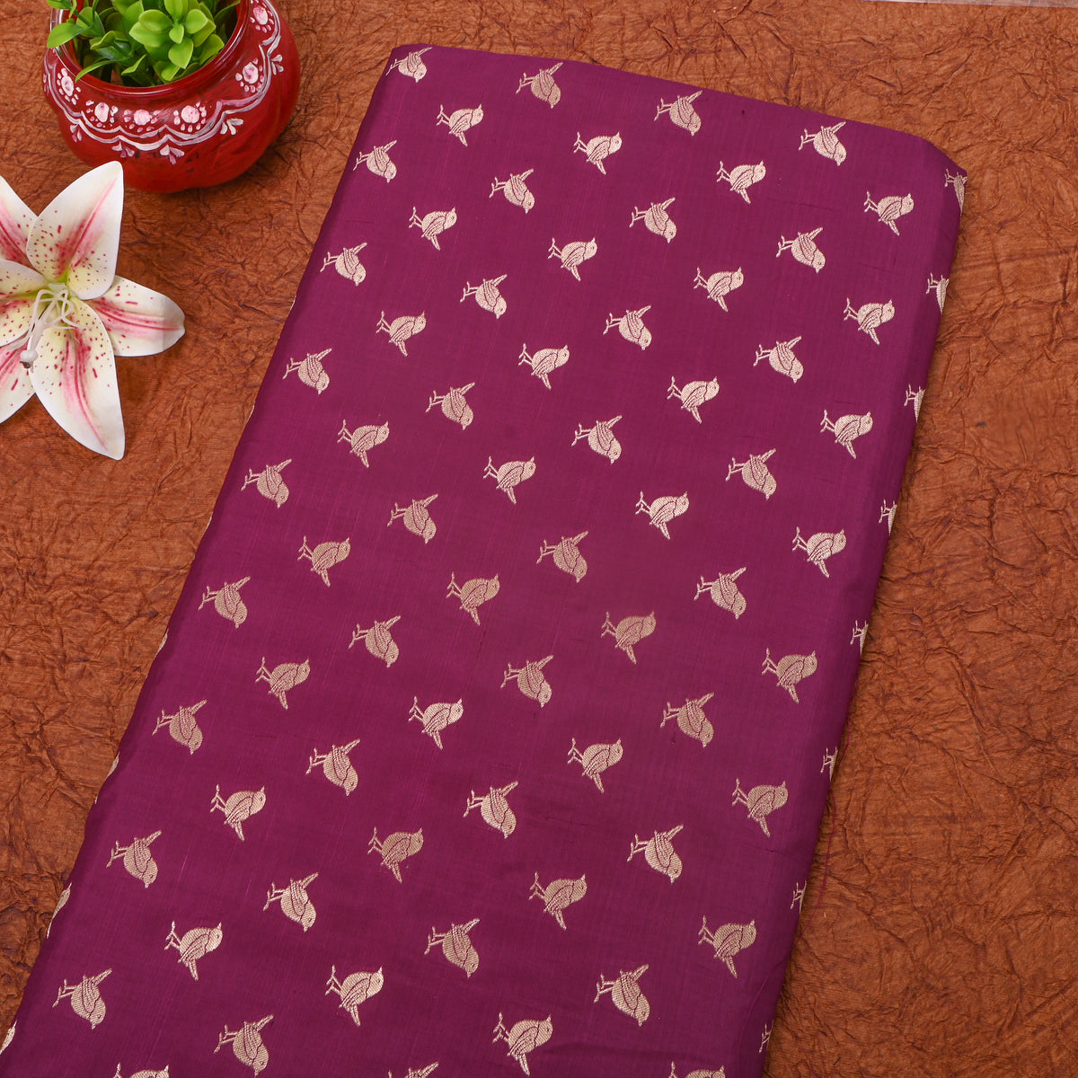 Magenta Purple Gold Bird Butti Jamawar Silk Fabric