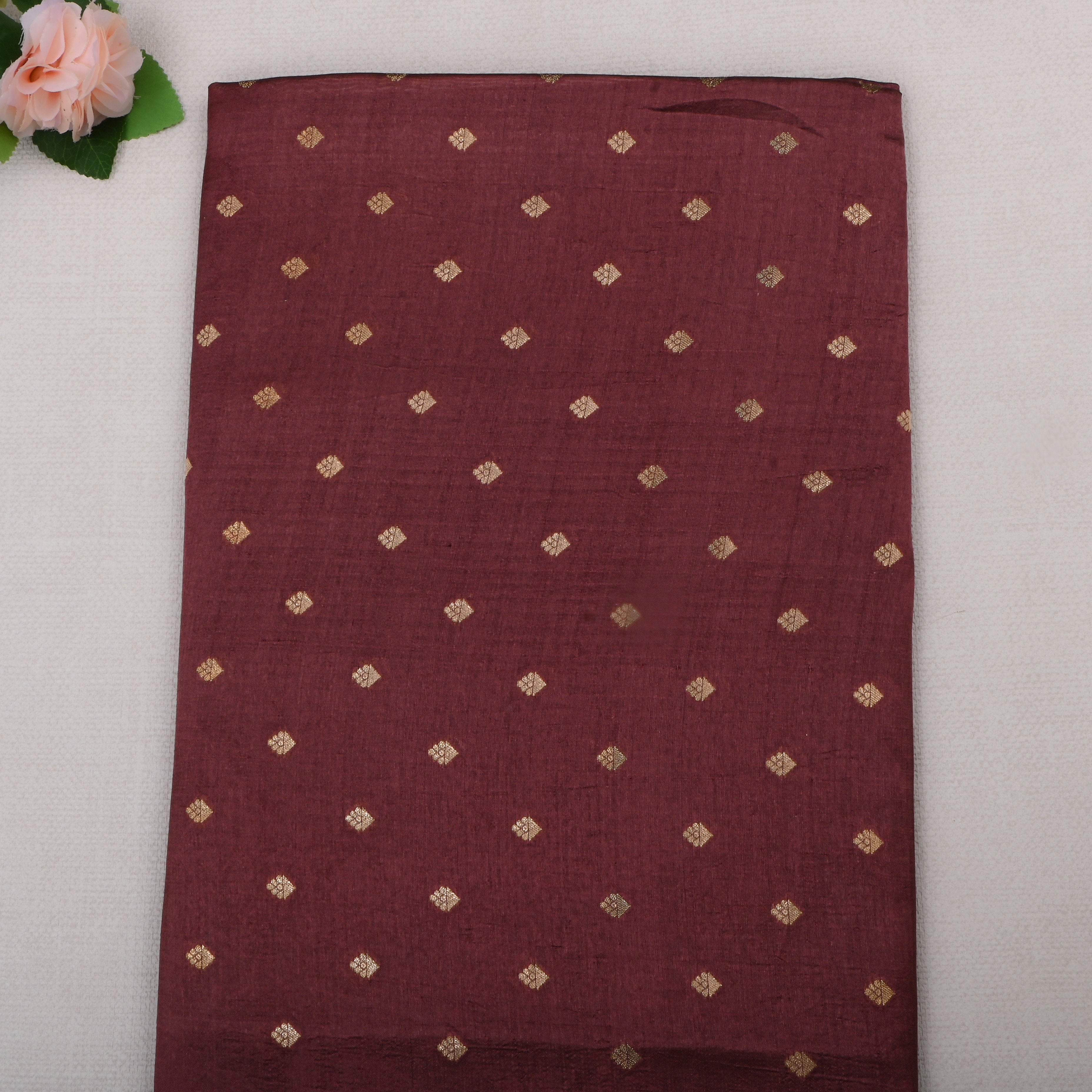 Deep Brown Jamawar Silk Fabric With Floral Butti'S
