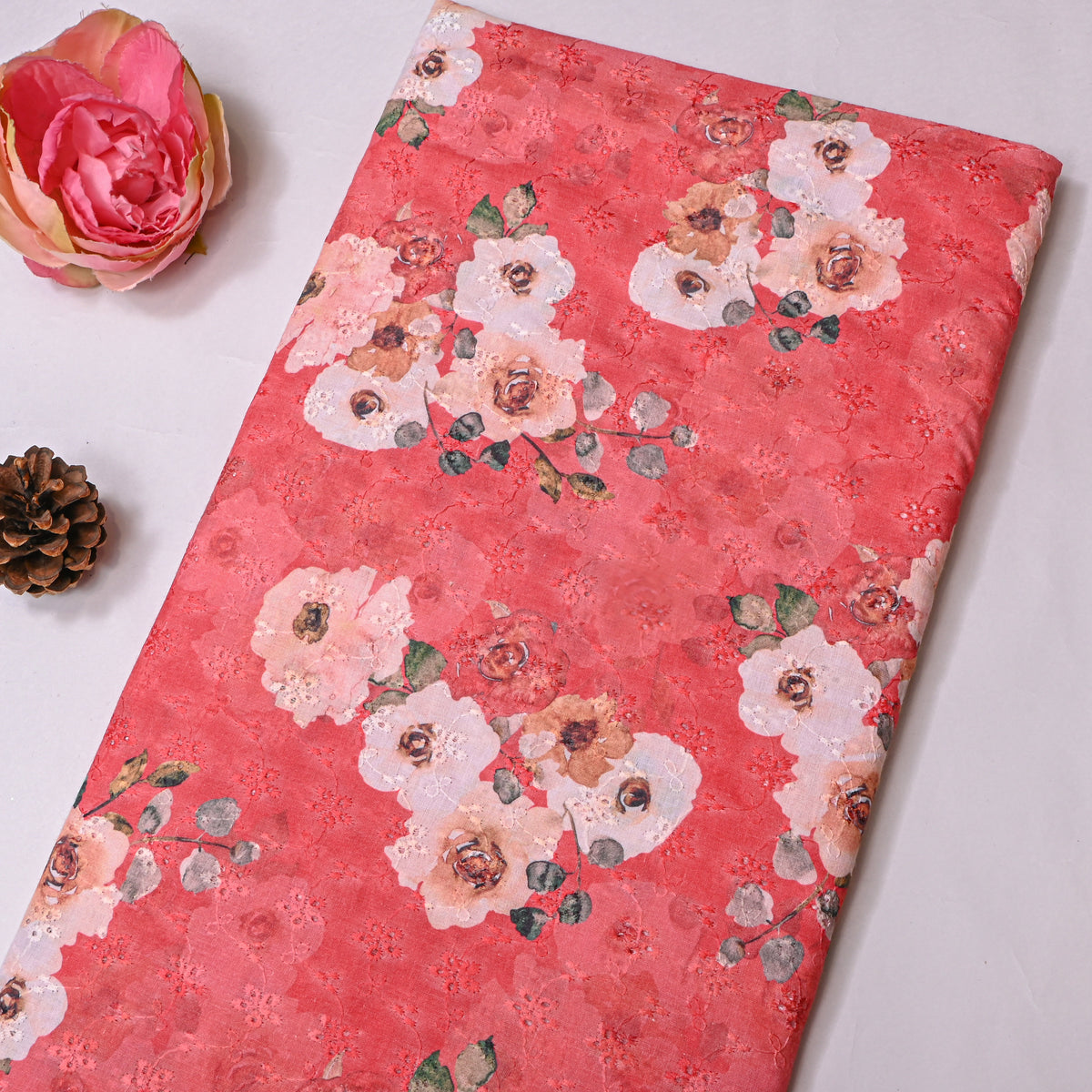 Salmon Peach Floral Print Embroidery Dupion Silk Fabric