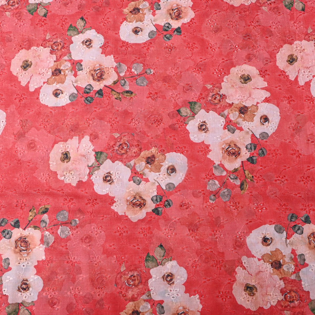 Salmon Peach Floral Print Embroidery Dupion Silk Fabric