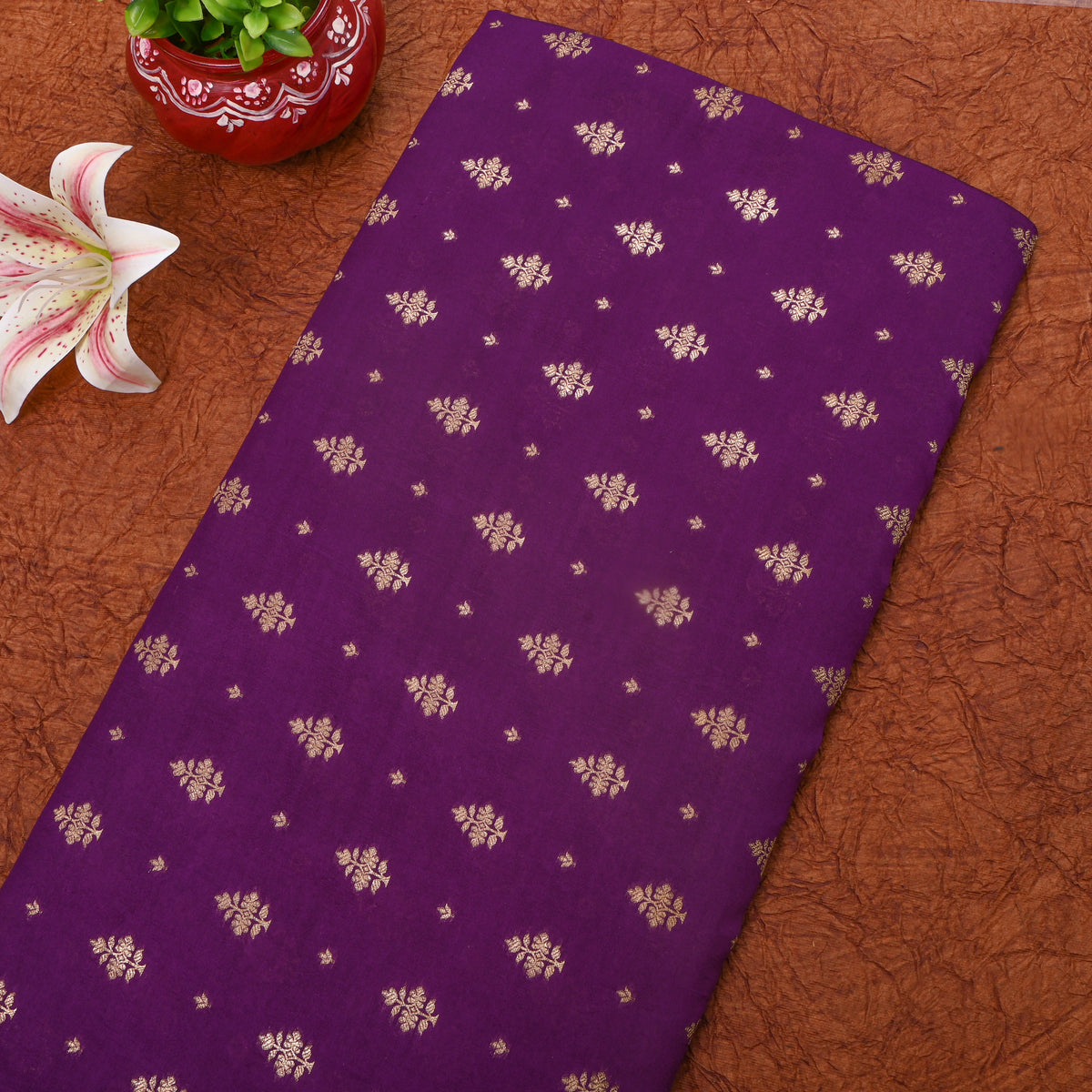 Eggplant Purple Gold Zari Butti Jamawar Silk Fabric