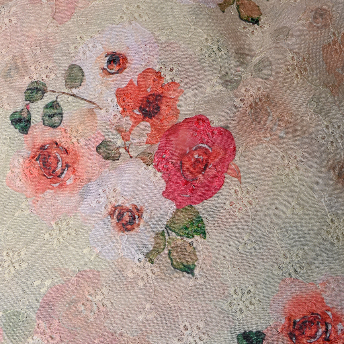 Cream Floral Thread Work Embroidered Dupion Silk Fabric