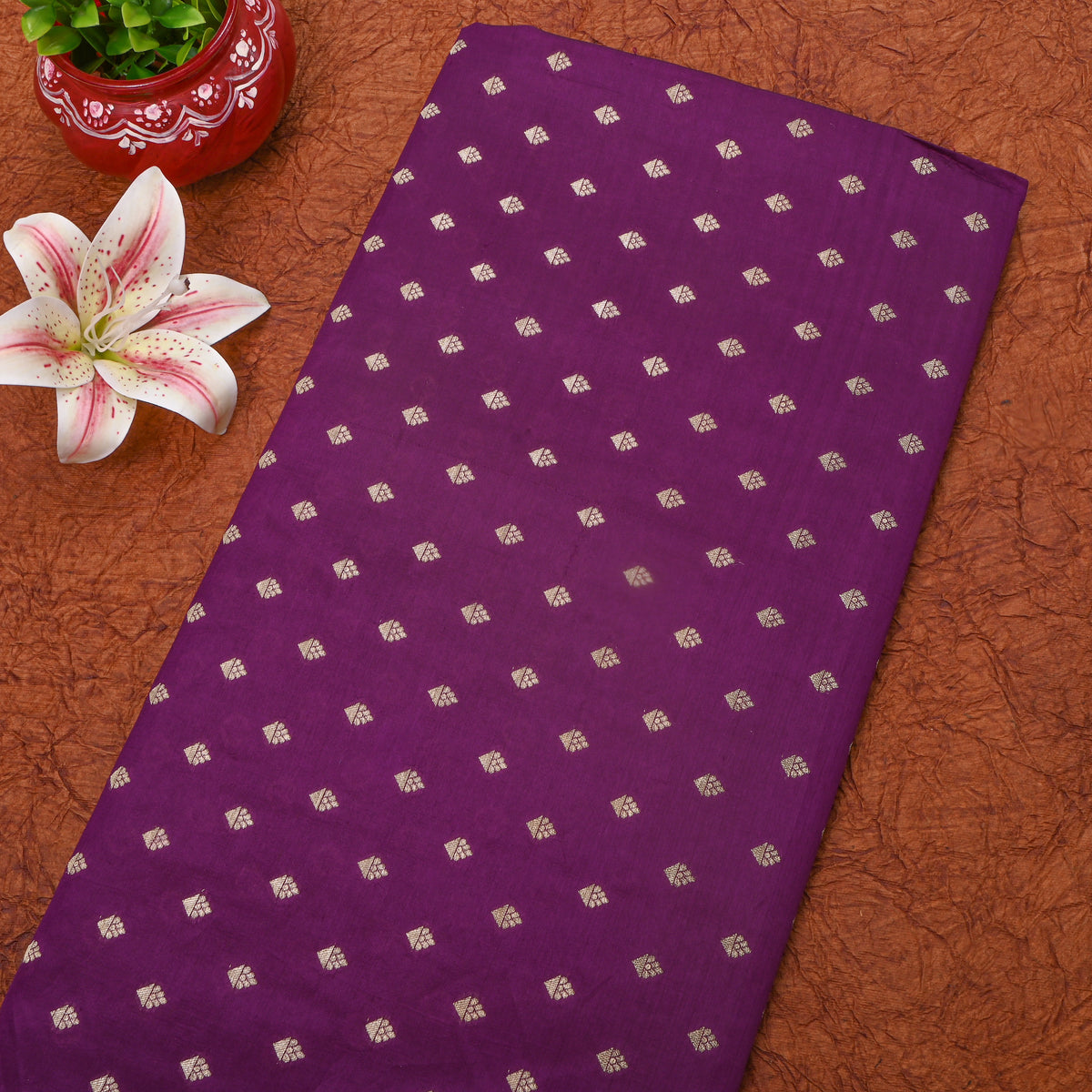 Plum Purple Gold Zari Diamond Butti Banarasi Silk Fabric