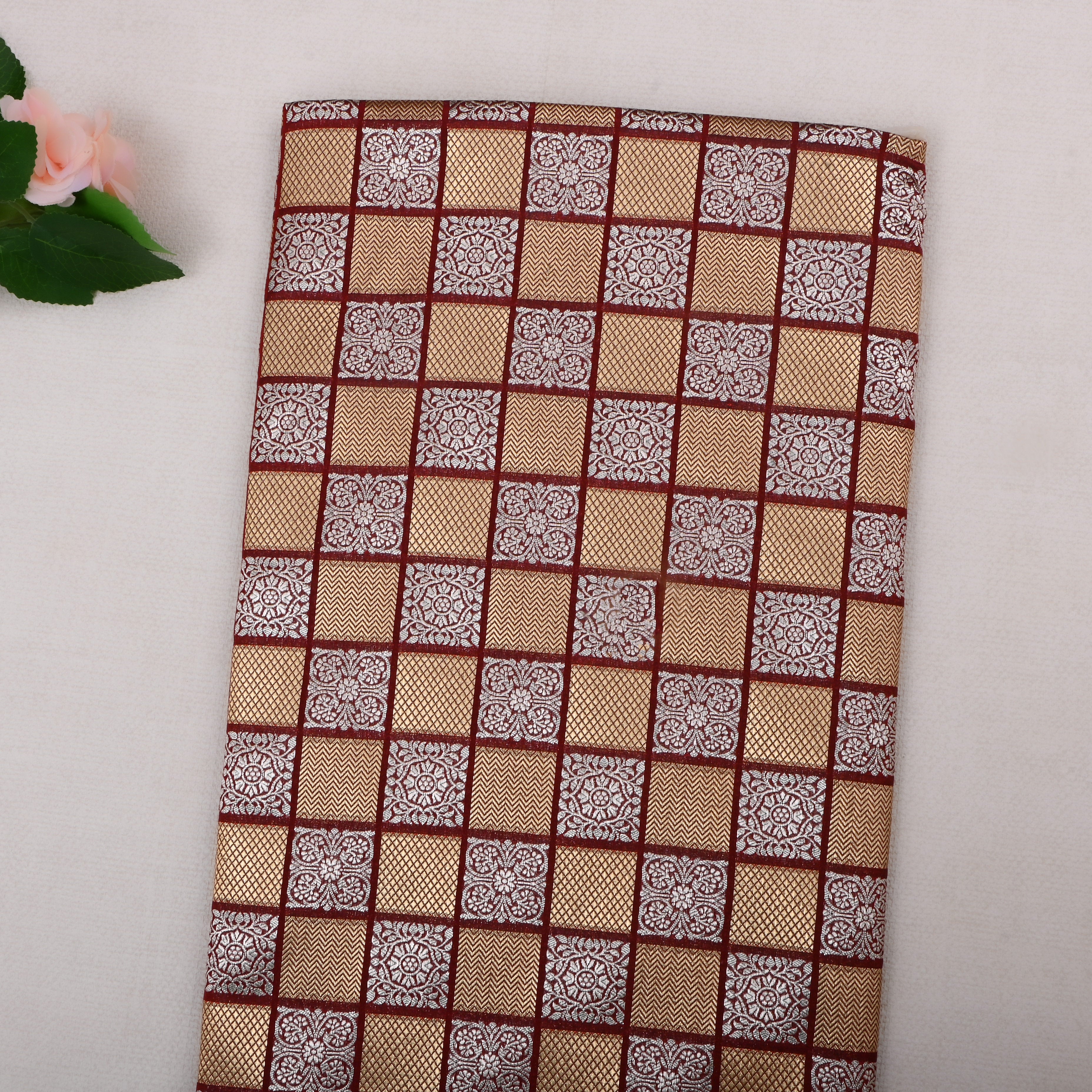 Brown Jamawar Silk Fabric With Checked Pattern
