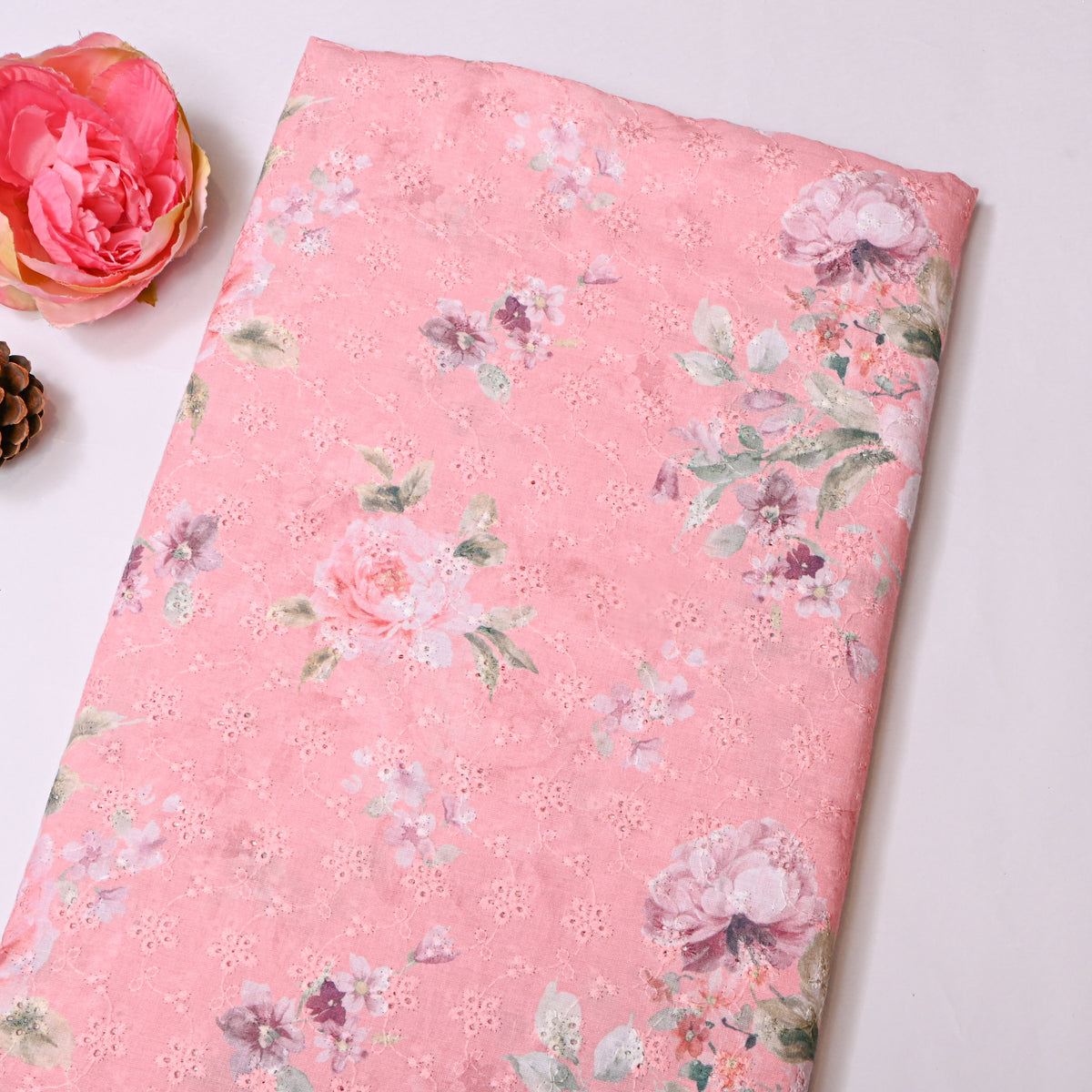 Salmon Pink Rose Print Thread Work Floral Dupion Silk Fabric