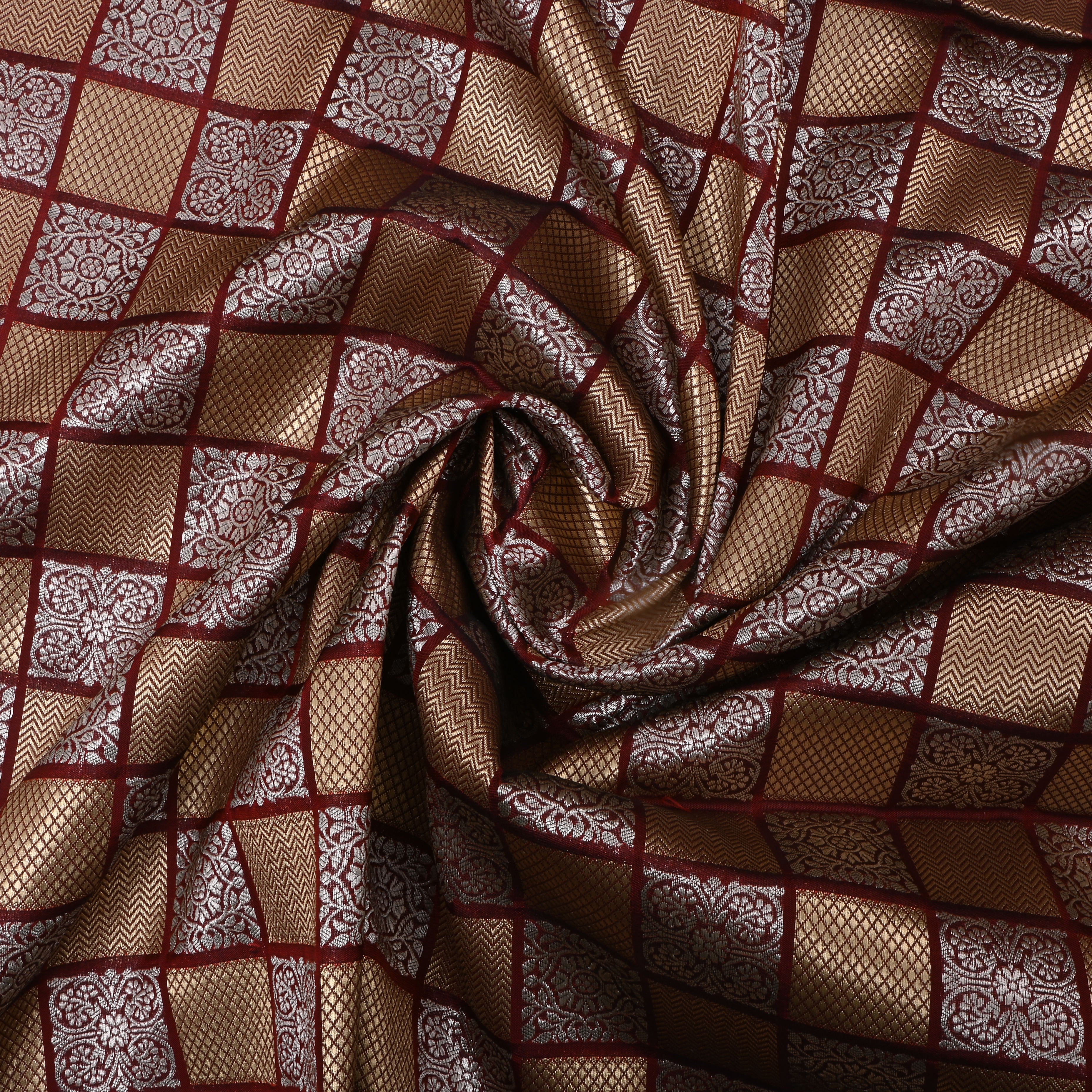 Brown Jamawar Silk Fabric With Checked Pattern