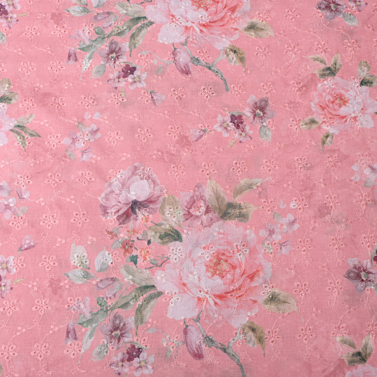 Salmon Pink Rose Print Thread Work Floral Dupion Silk Fabric