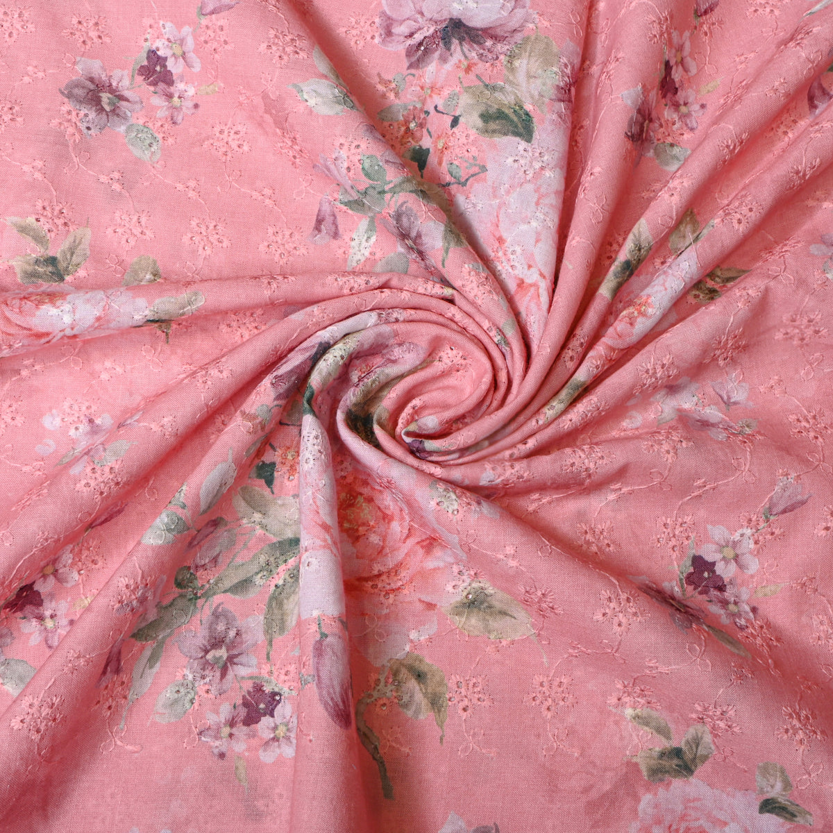Salmon Pink Rose Print Thread Work Floral Dupion Silk Fabric