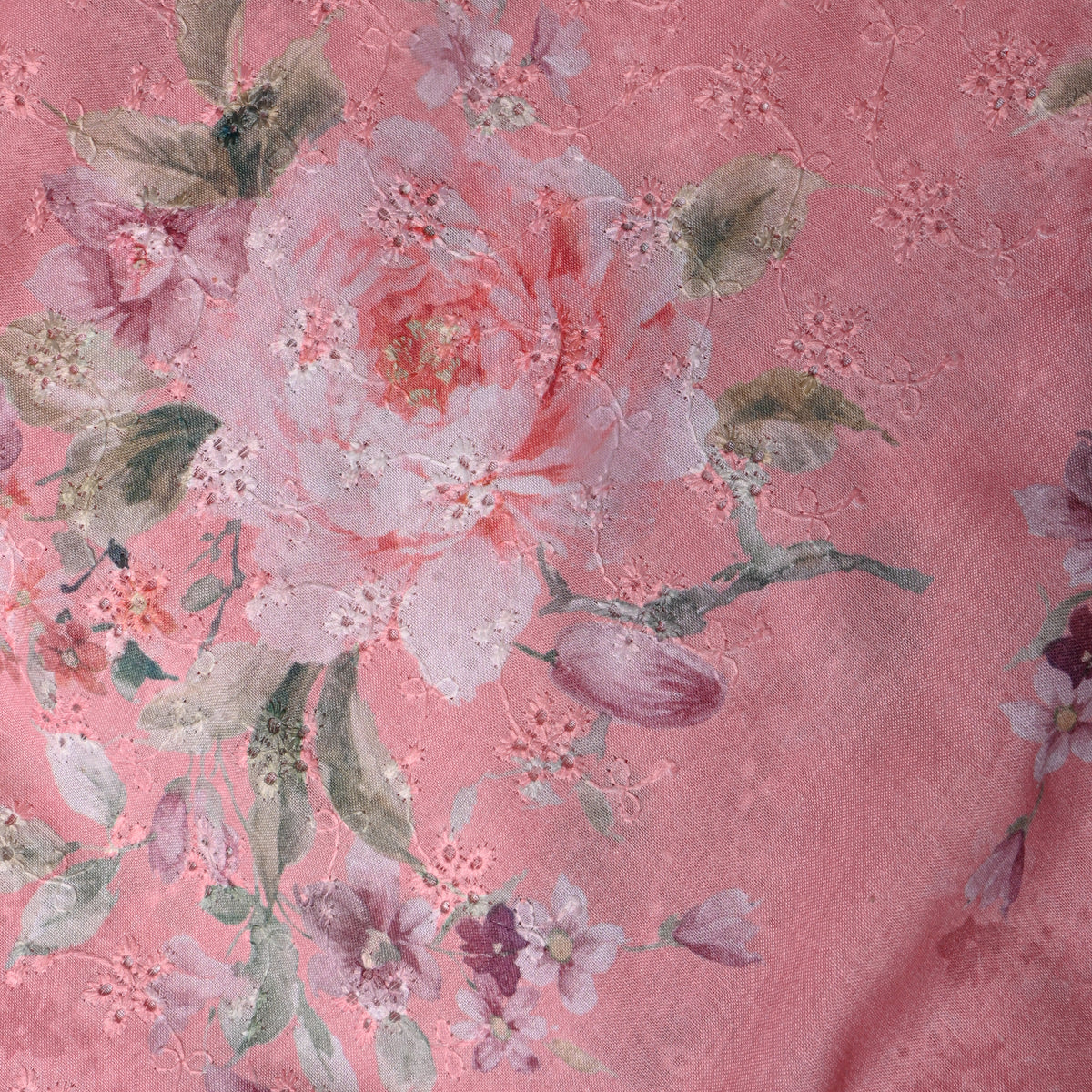 Salmon Pink Rose Print Thread Work Floral Dupion Silk Fabric