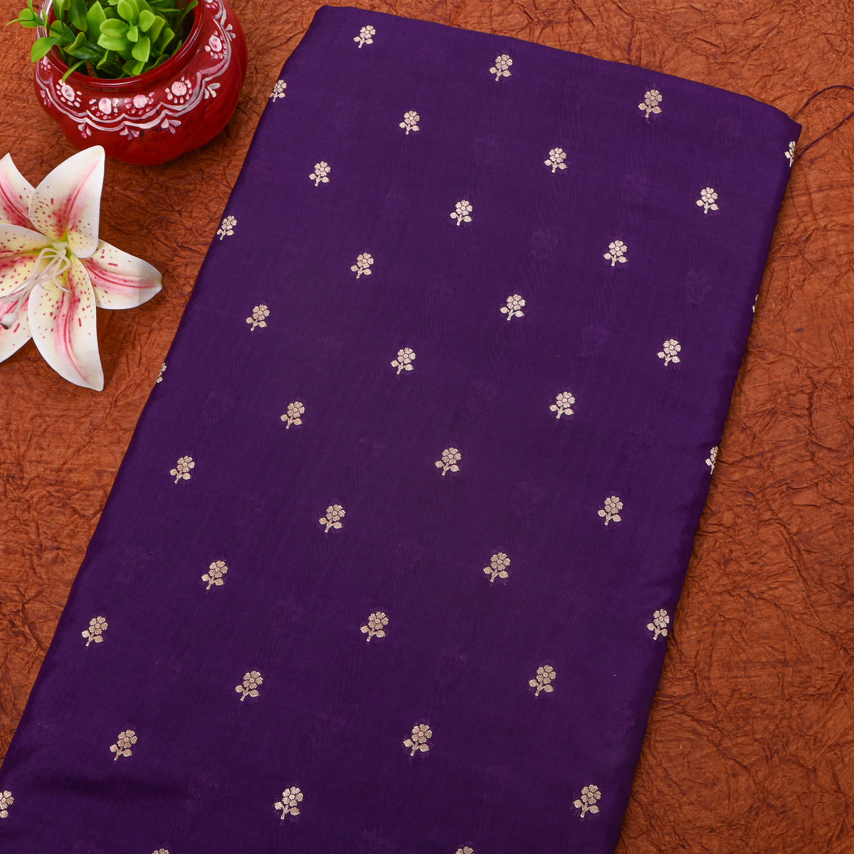 Grape Gold Zari Floral Butti Jamawar Silk Fabric