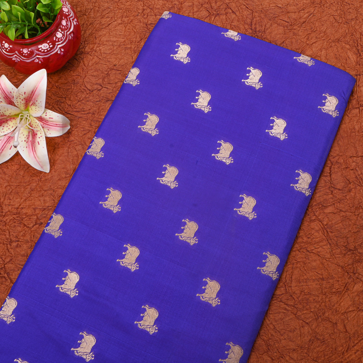 Brigh Blue Silver Zari Cow Butti Jamawar Silk Fabric