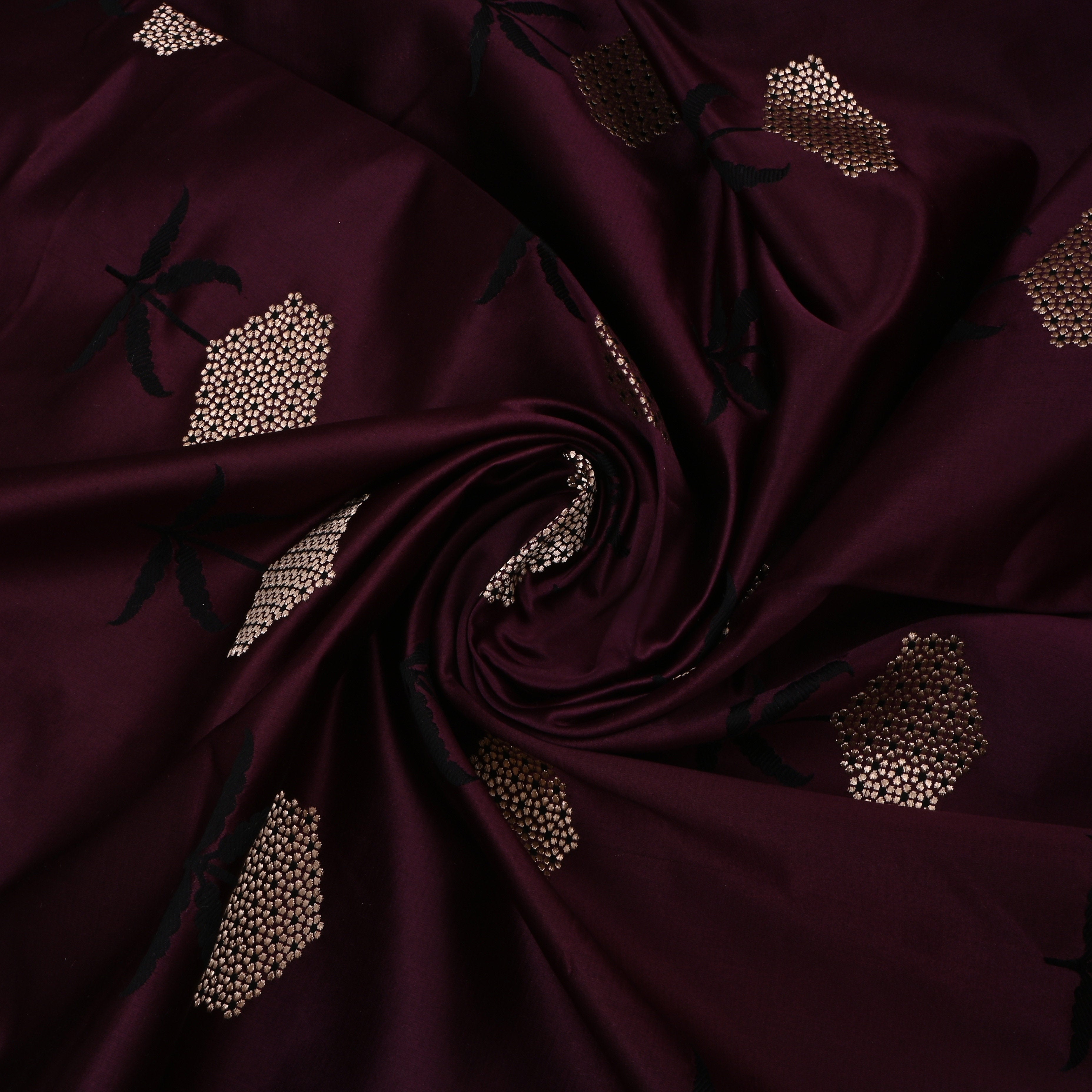 Seal Brown Jamawar Satin Fabric With Floral Design