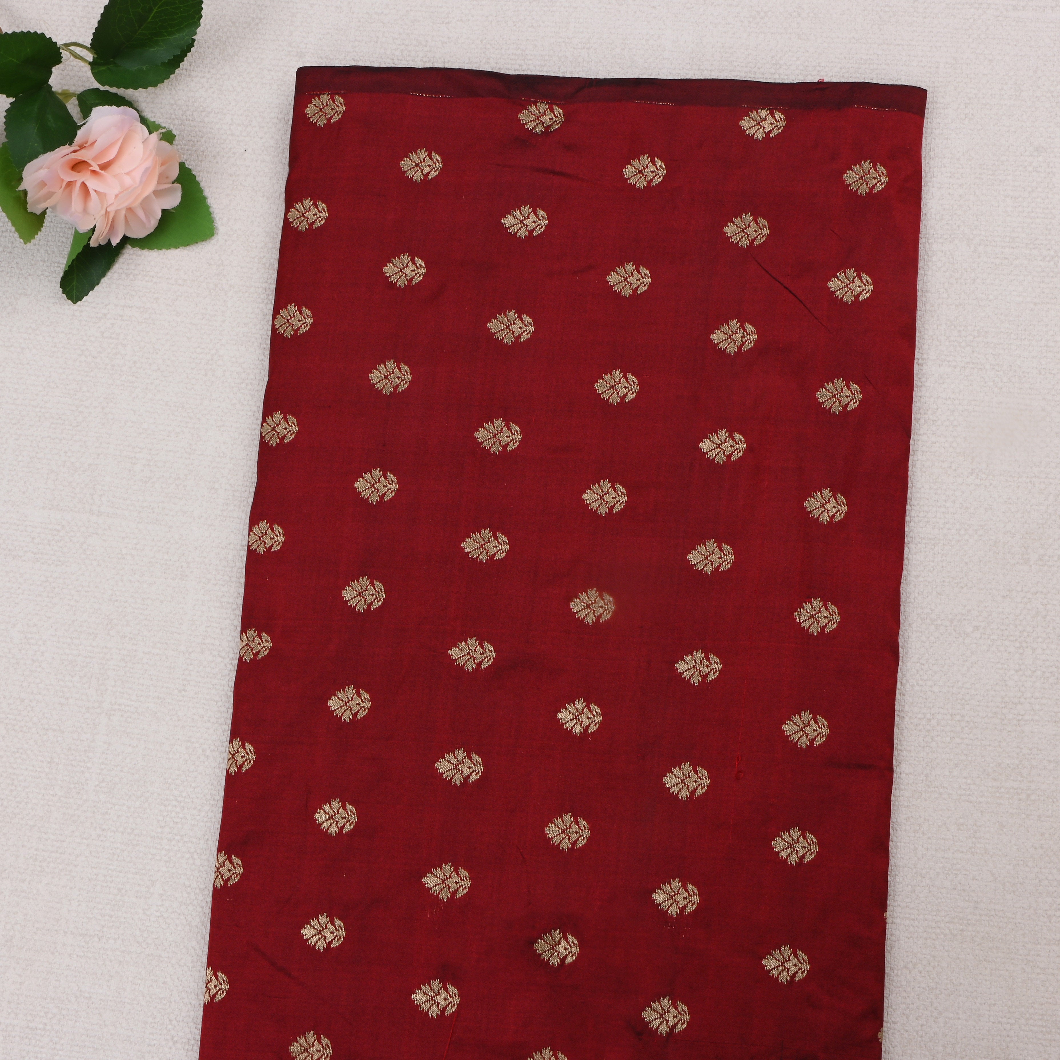 Rosewood Red Jamawar Silk Fabric With Butti'S