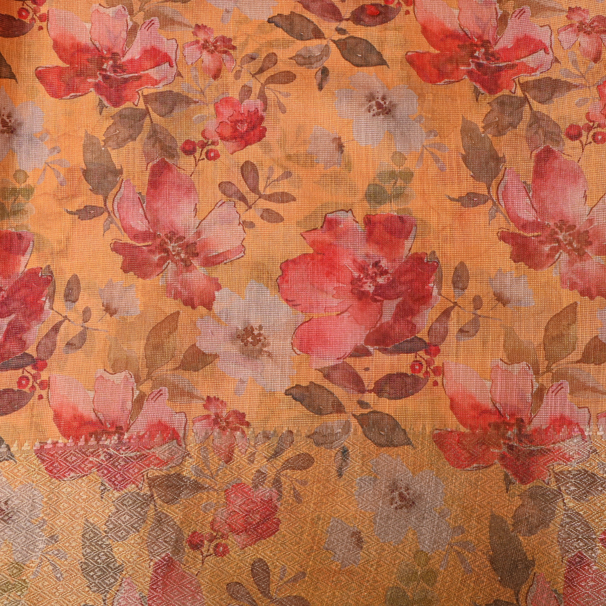 Mustard Yellow Watercolour Floral Tussar Silk Fabric