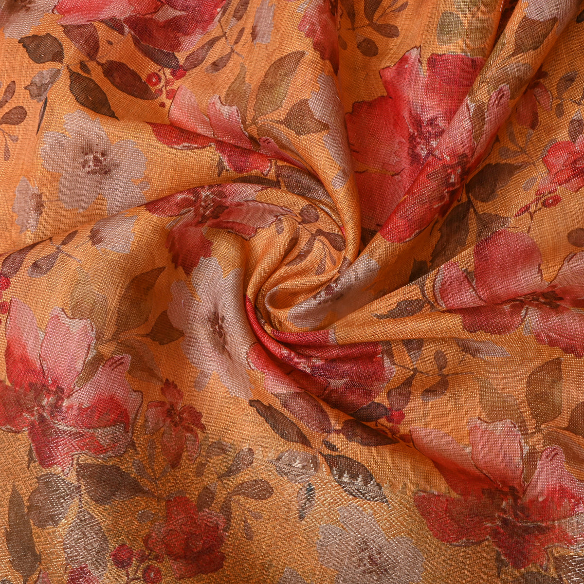 Mustard Yellow Watercolour Floral Tussar Silk Fabric