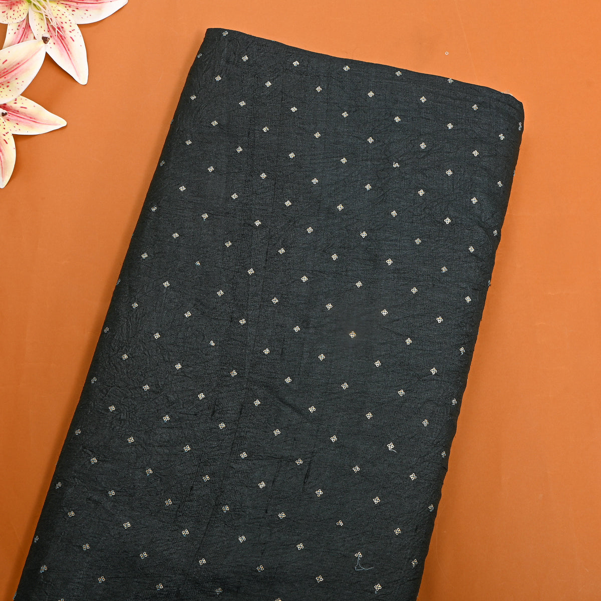 Dark Jet Black Silver Sequin Tussar Fabric